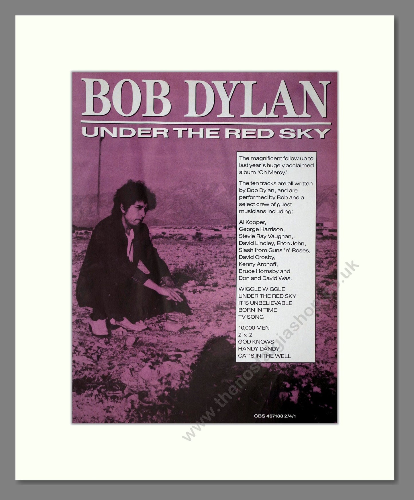 Bob Dylan - Under The Red Sky. Vintage Advert 1990 (ref AD64681)