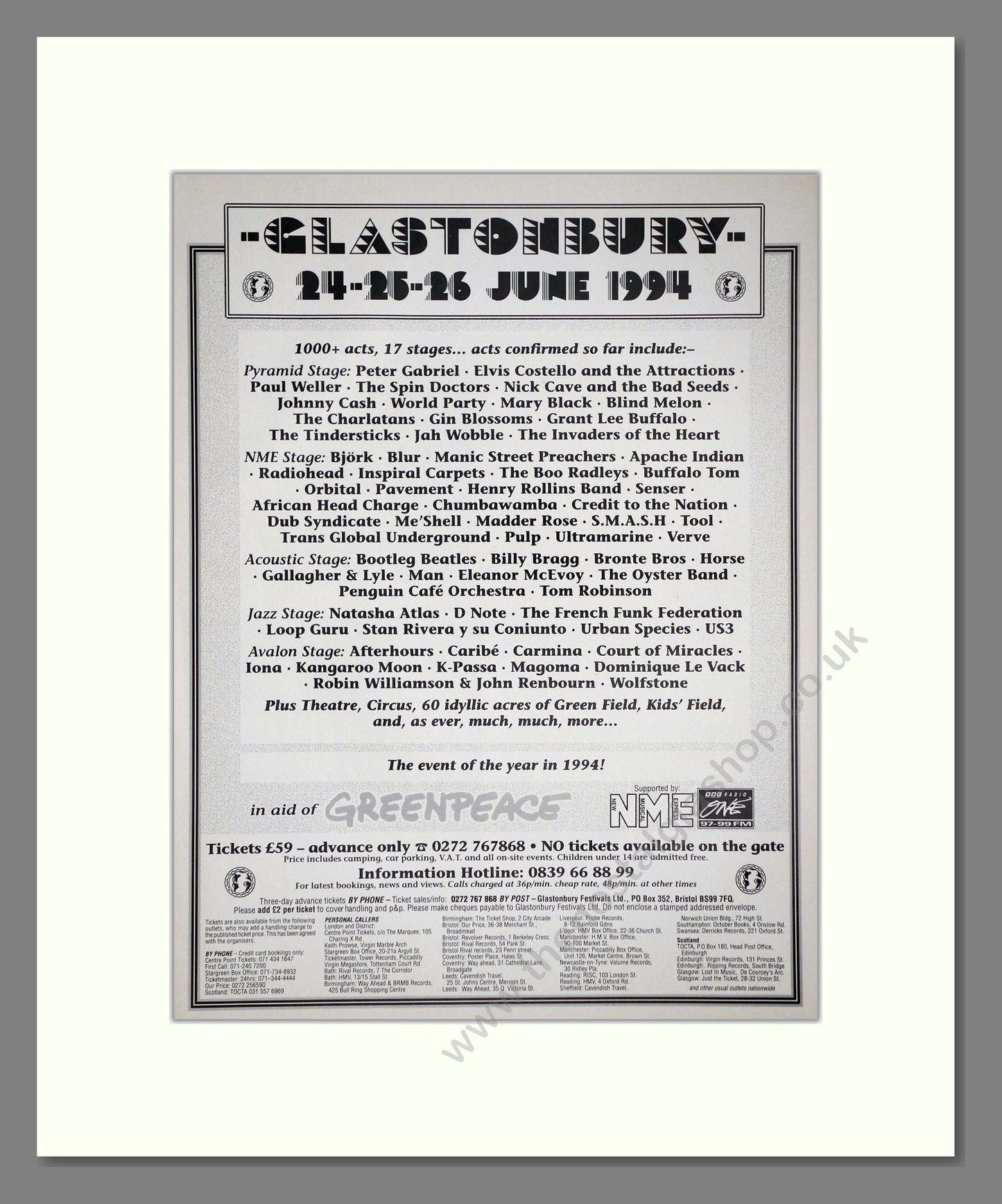 Glastonbury Festival - Line Up. Vintage Advert 1994 (ref AD64690)