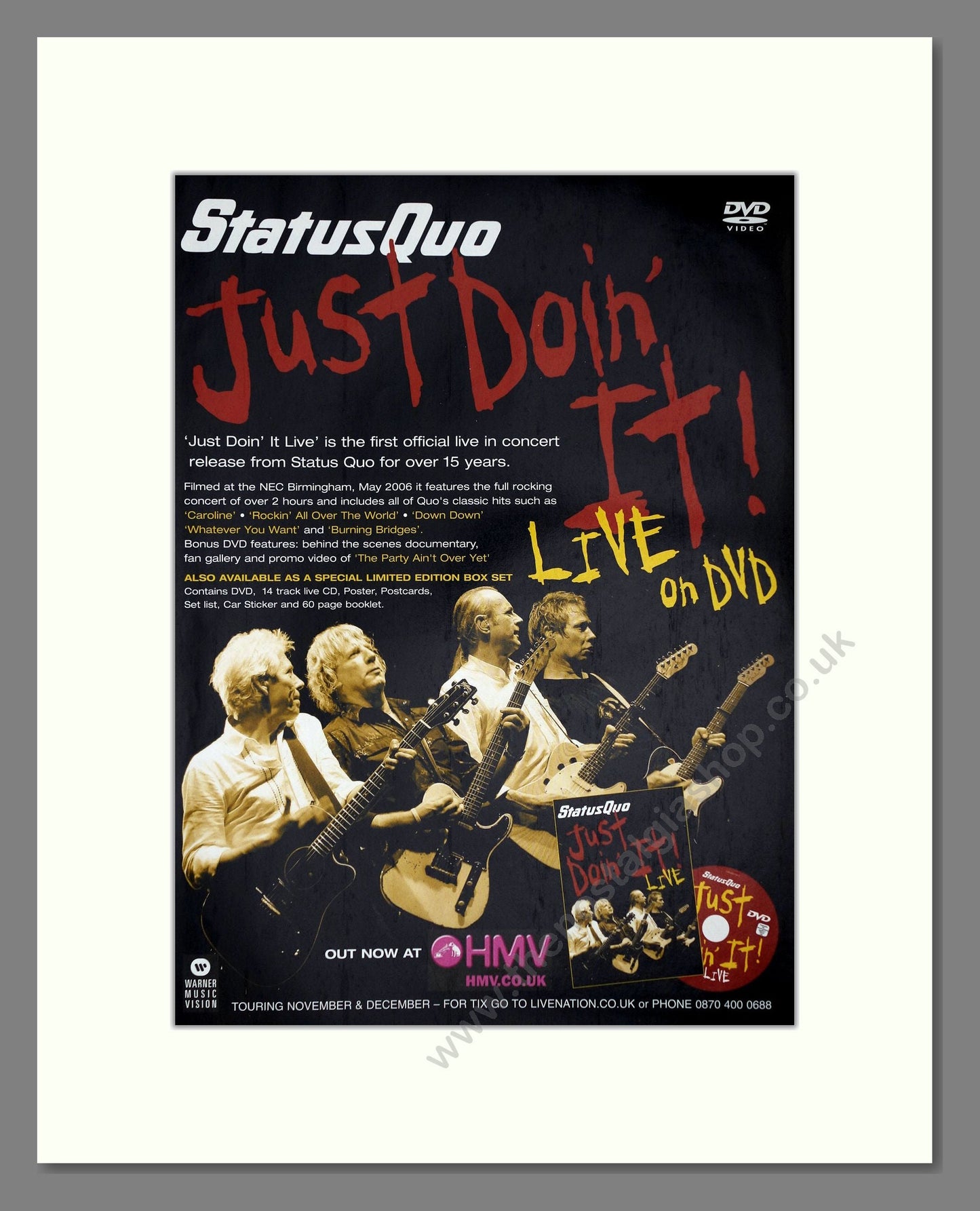 Status Quo - Just Doin It DVD. Vintage Advert 2006 (ref AD64909)