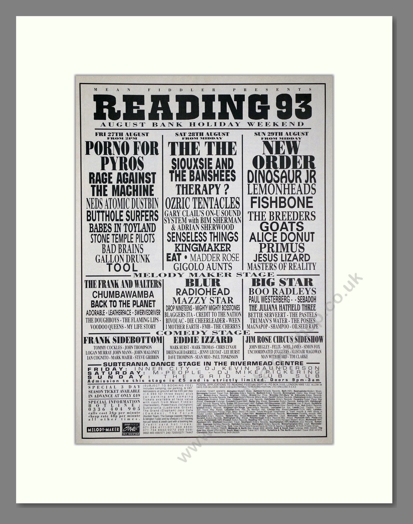 Reading Festival - Line Up. Vintage Advert 1993 (ref AD64970)