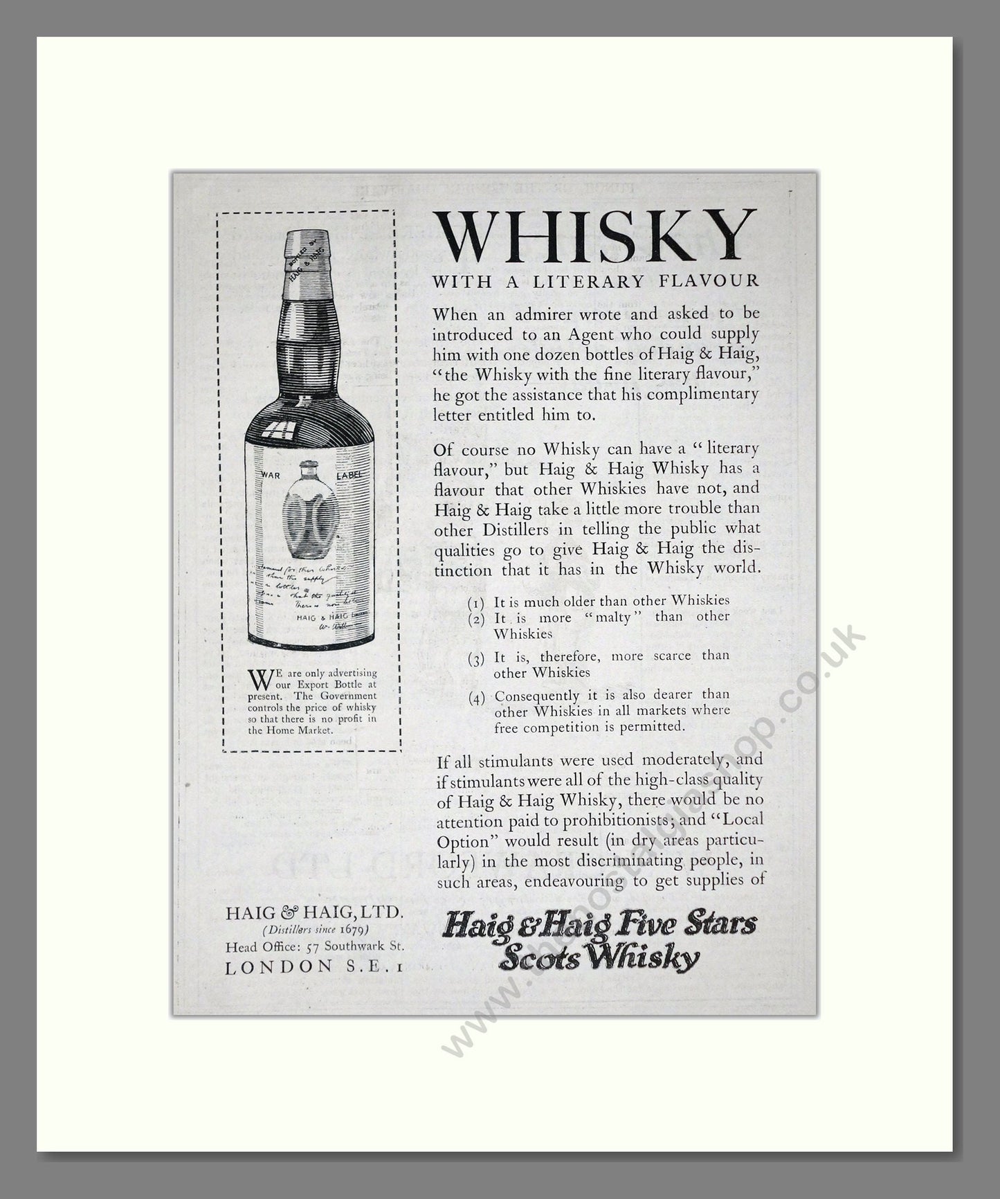 Haig And Haig - Five Stars Scots Whisky. Vintage Advert 1920 (ref AD64977)