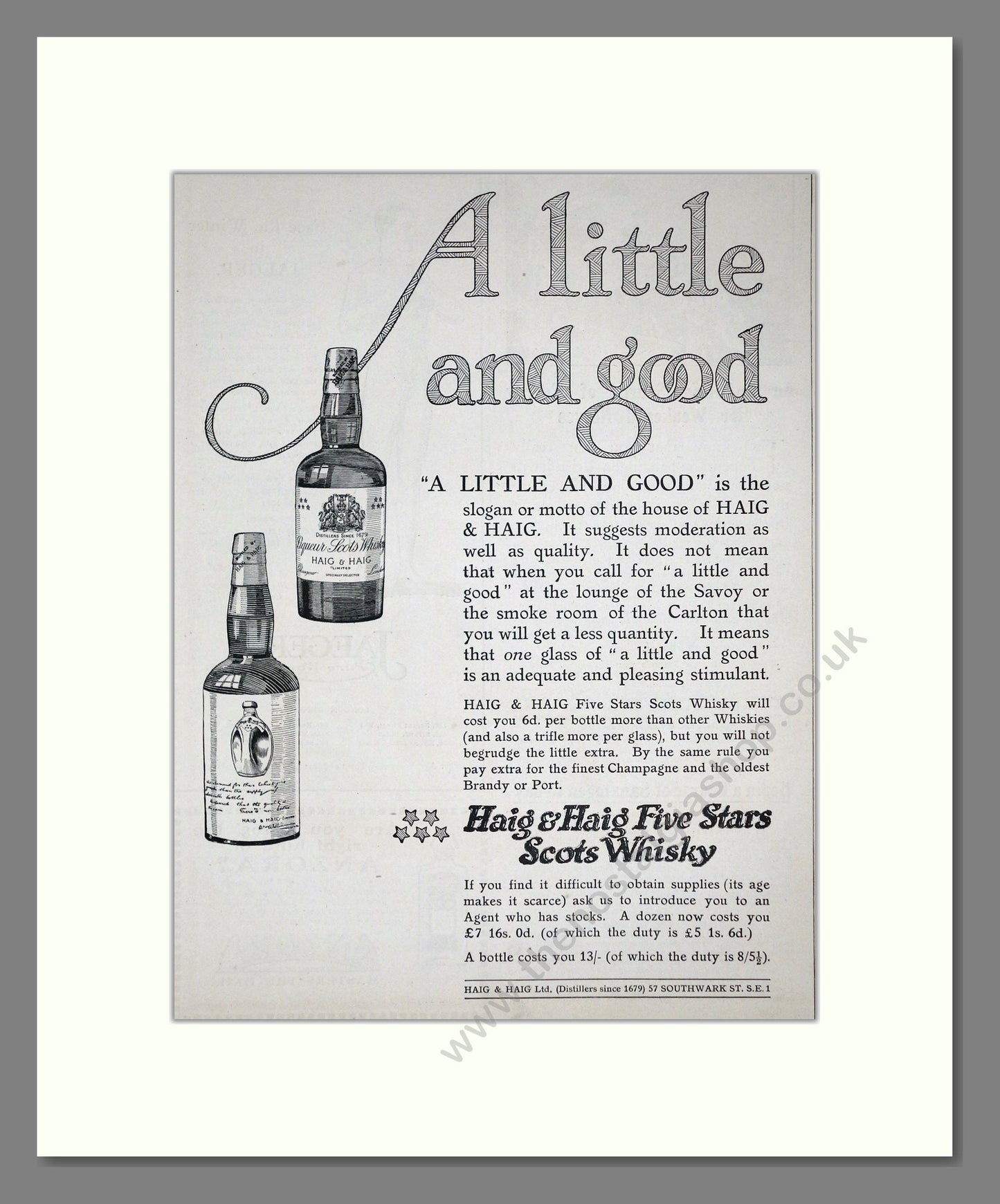 Haig And Haig - Five Stars Scots Whisky. Vintage Advert 1921 (ref AD64989)