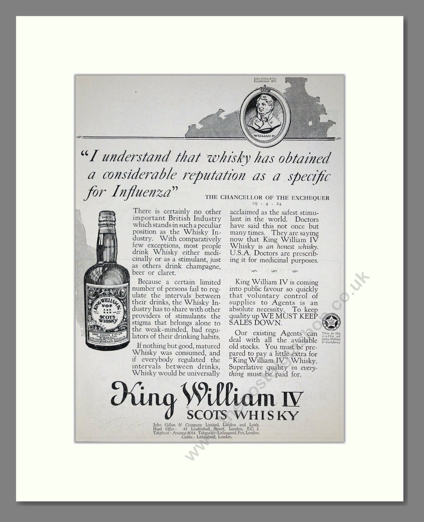 King William IV - Scots Whisky. Vintage Advert 1924 (ref AD65084)