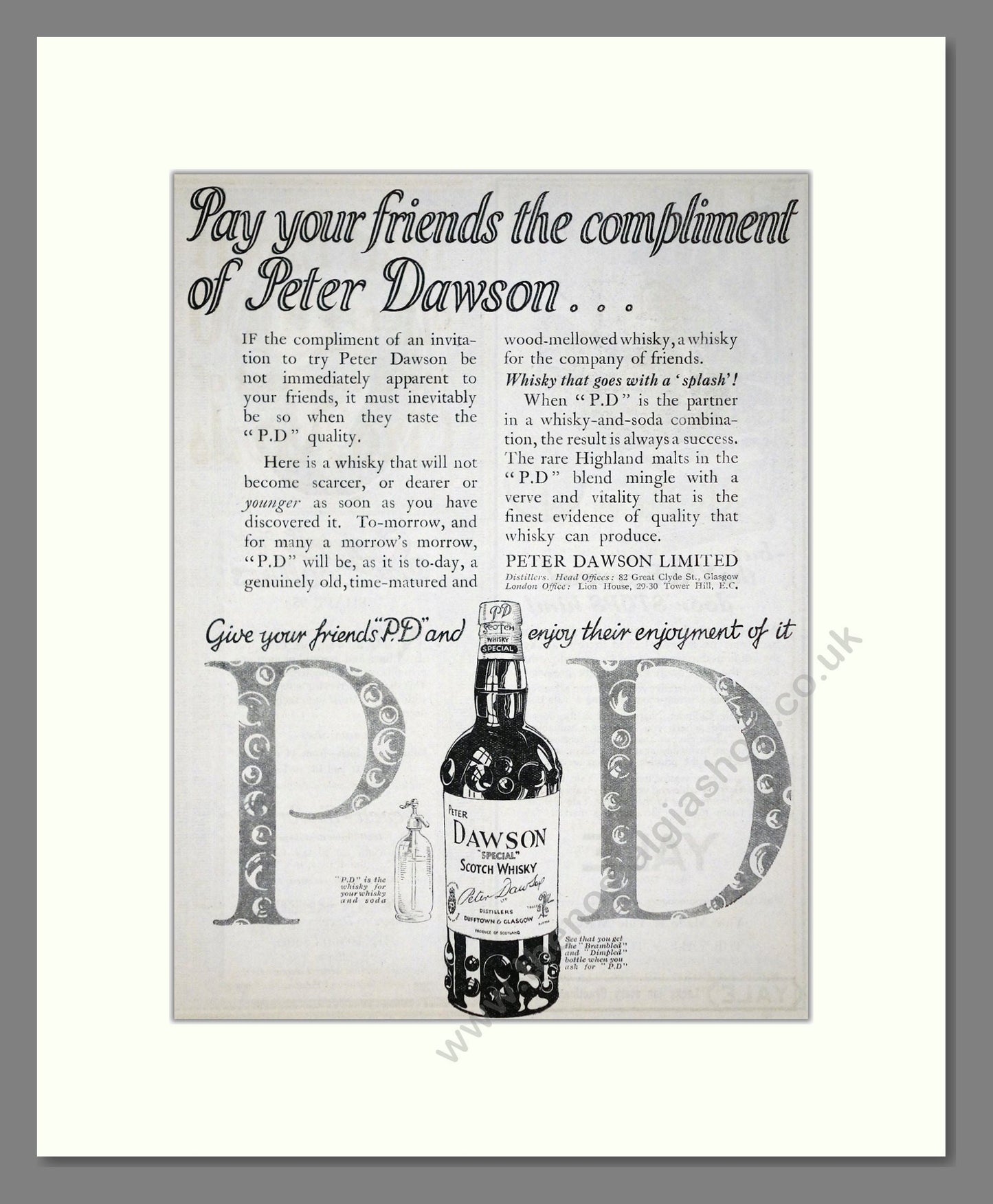 Peter Dawson - PD Whisky. Vintage Advert 1924 (ref AD65097)