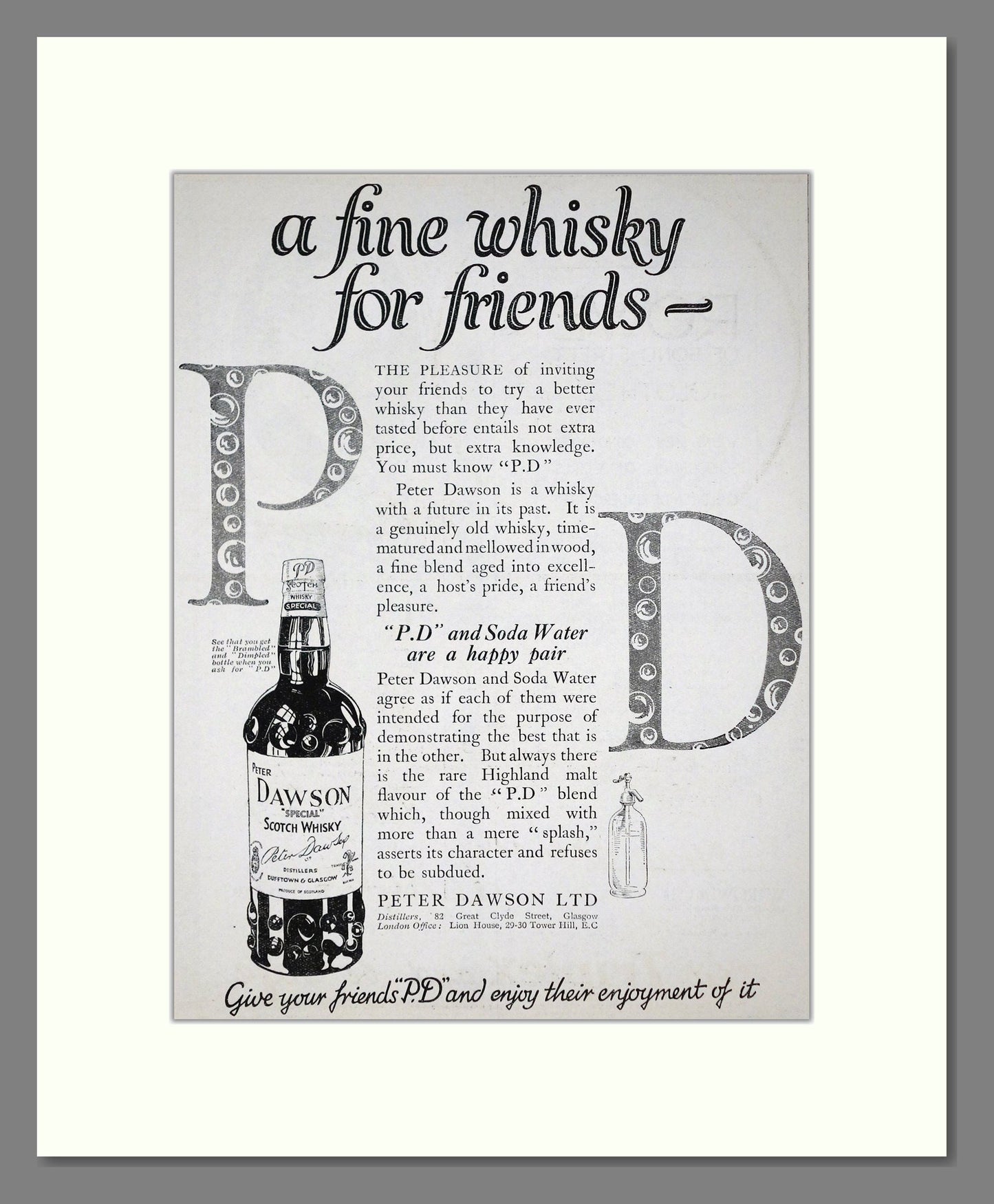 Peter Dawson - PD Whisky. Vintage Advert 1924 (ref AD65099)