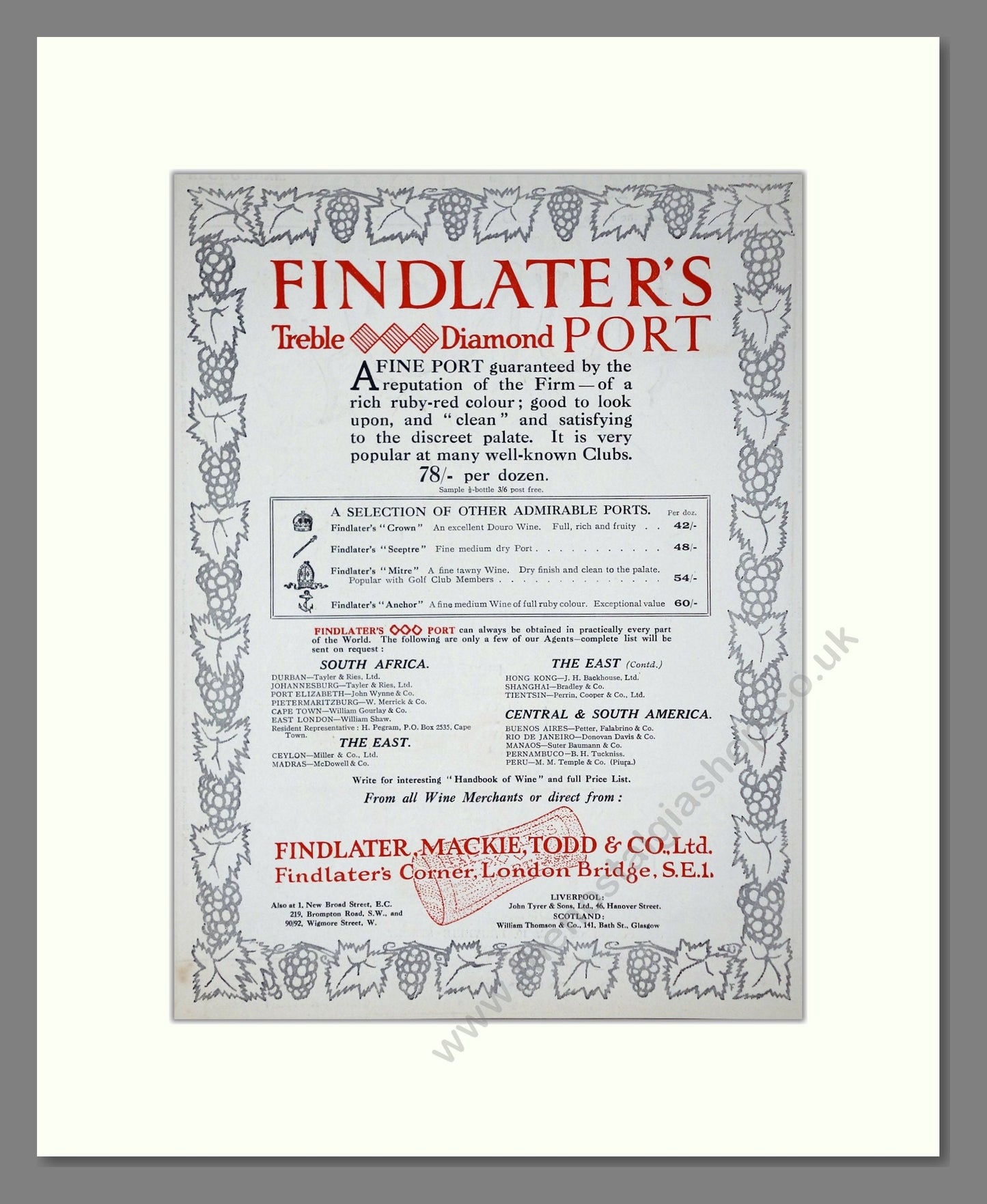 Findlater's - Treble Diamond Port. Vintage Advert 1924 (ref AD65106)