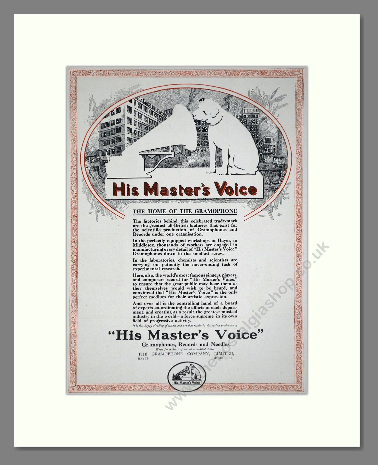 HMV His Master's Voice - The Home Of The Gramophone. Vintage Advert 1920 (ref AD65126)