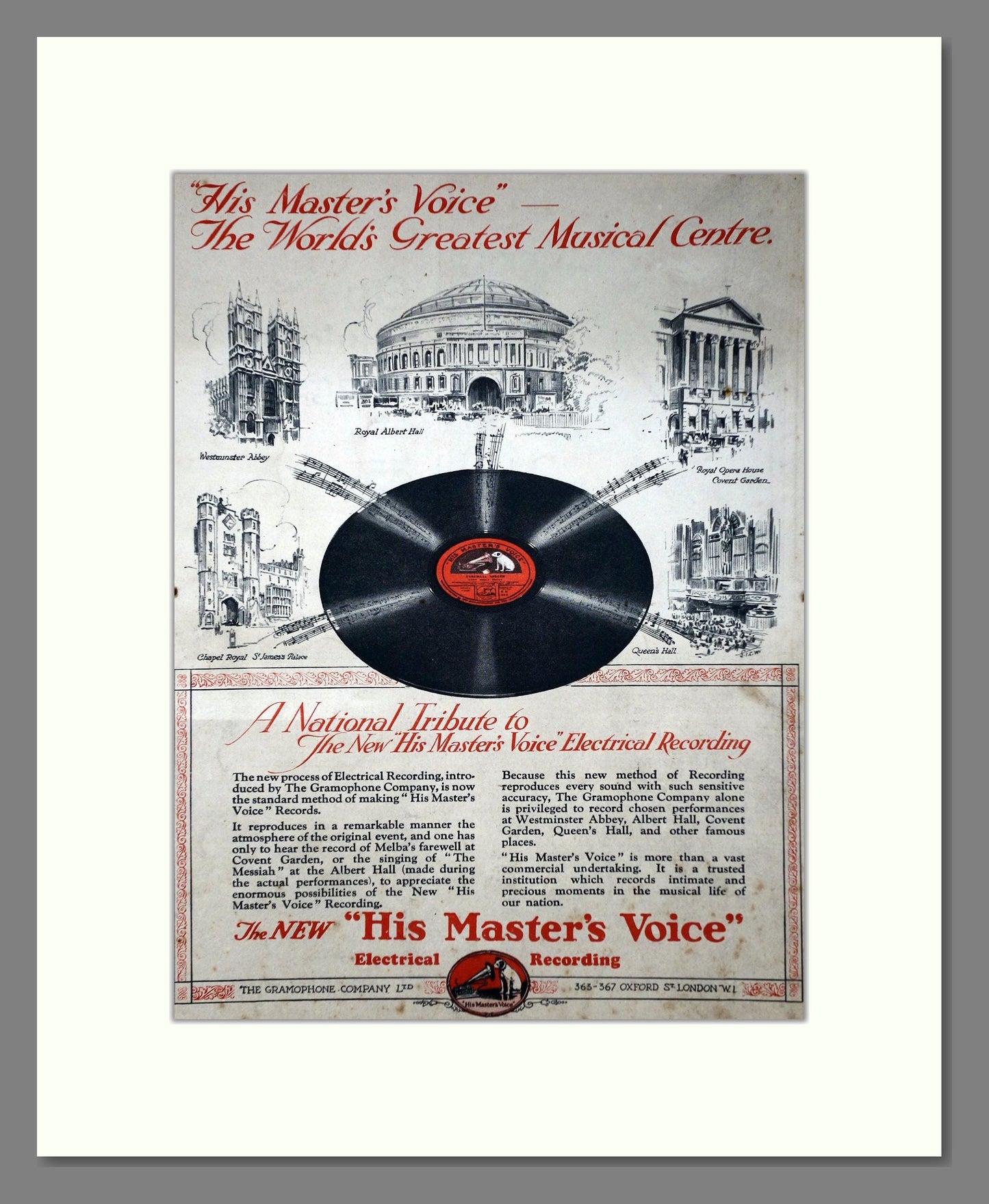 HMV His Master's Voice - The World's Greatest Musical Centre. Vintage Advert 1927 (ref AD65143)