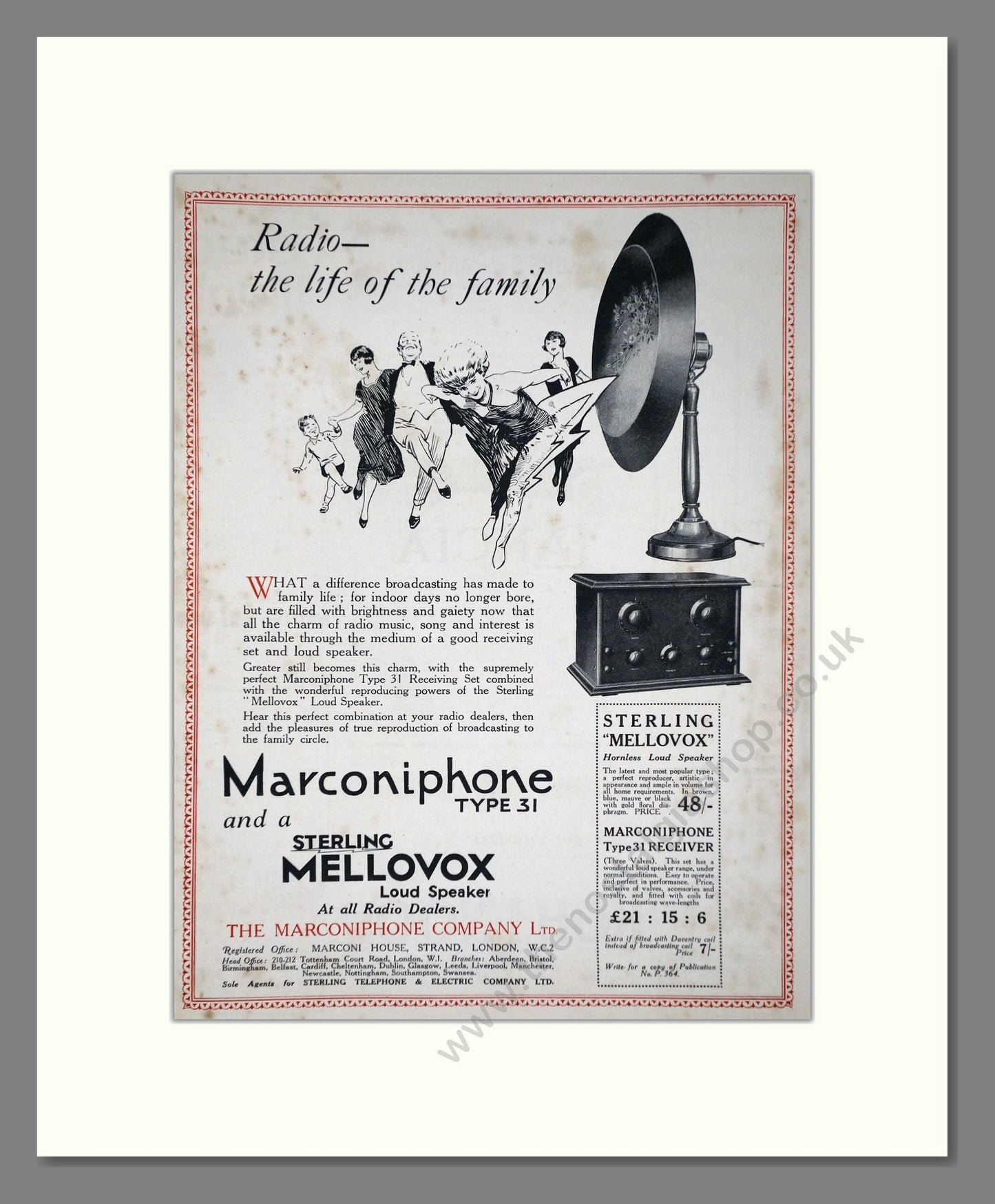 Sterling / Marconiphone - Radio. Vintage Advert 1926 (ref AD65169)