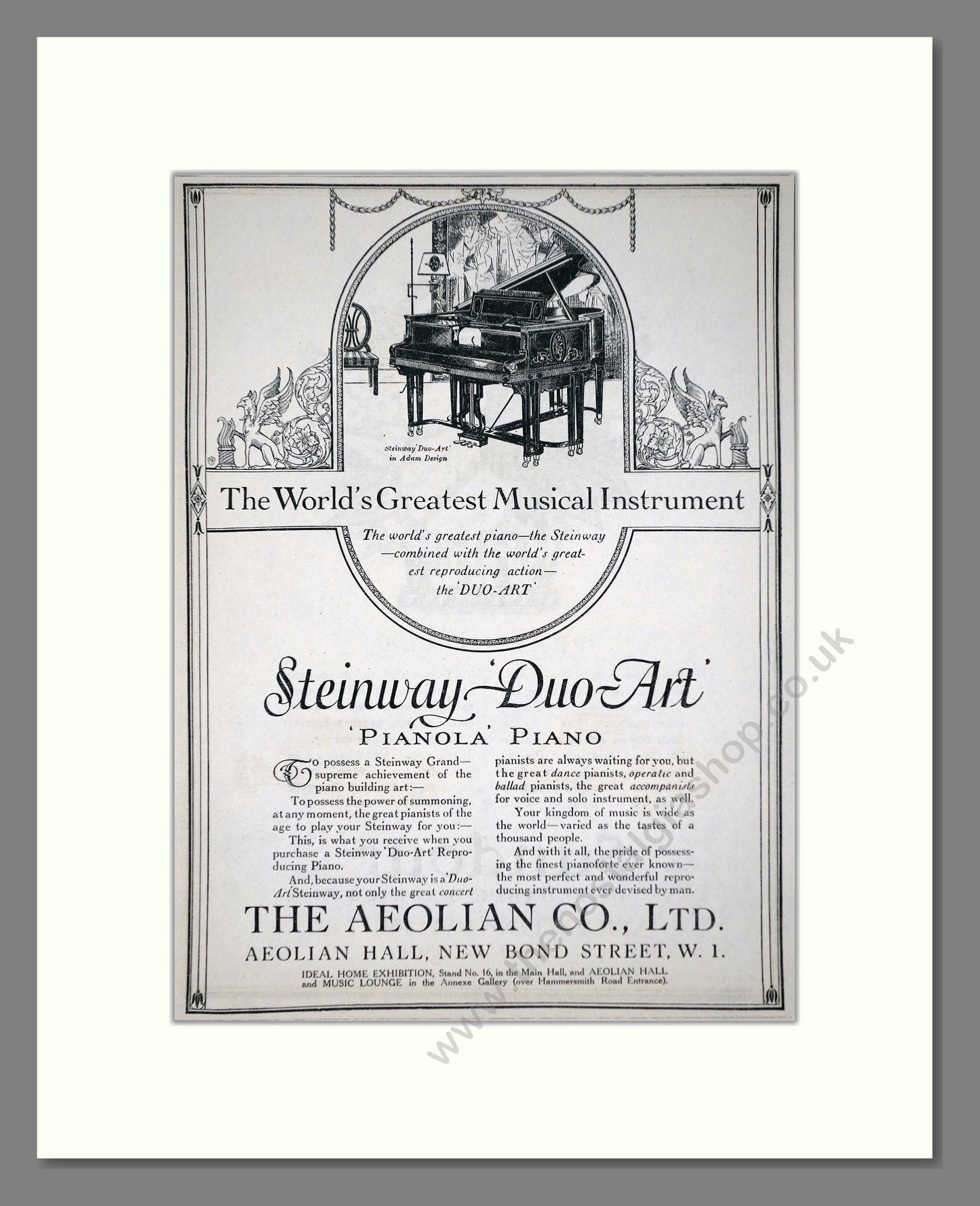 Aeolian Company - Steinway Duo-Art Pianola Piano. Vintage Advert 1926 (ref AD65418)