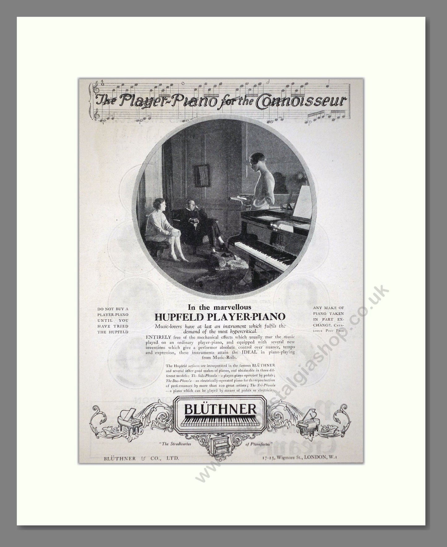 Bluthner - Hupfeld Player Piano. Vintage Advert 1926 (ref AD65426)