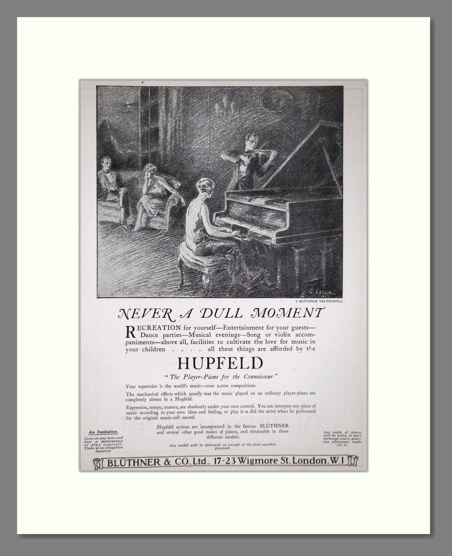 Bluthner - Hupfeld Player Piano. Vintage Advert 1926 (ref AD65427)