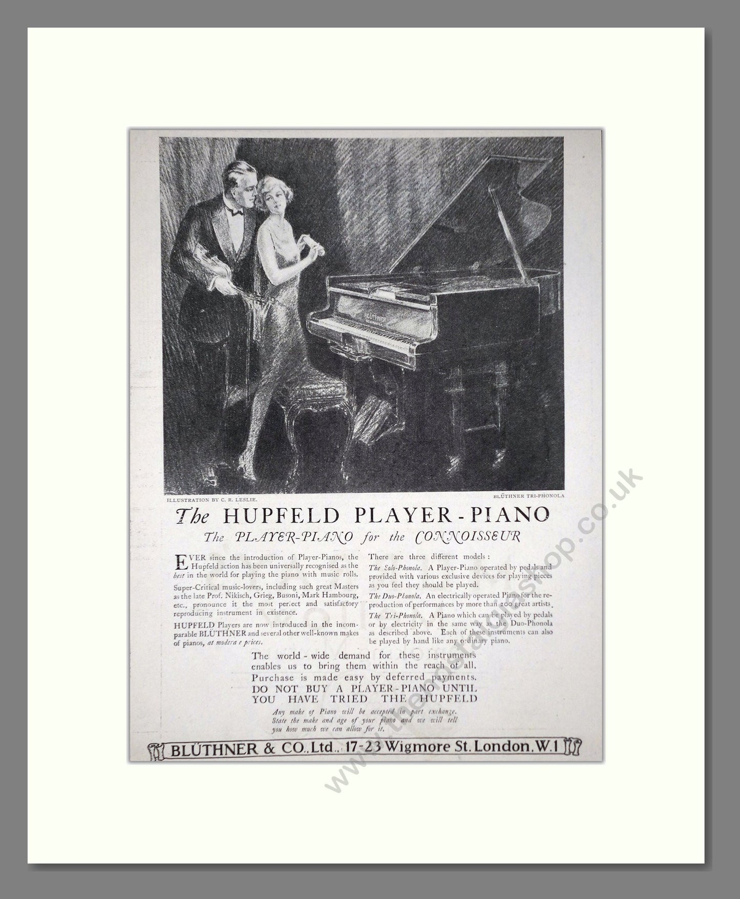 Bluthner - Hupfeld Player Piano. Vintage Advert 1926 (ref AD65428)