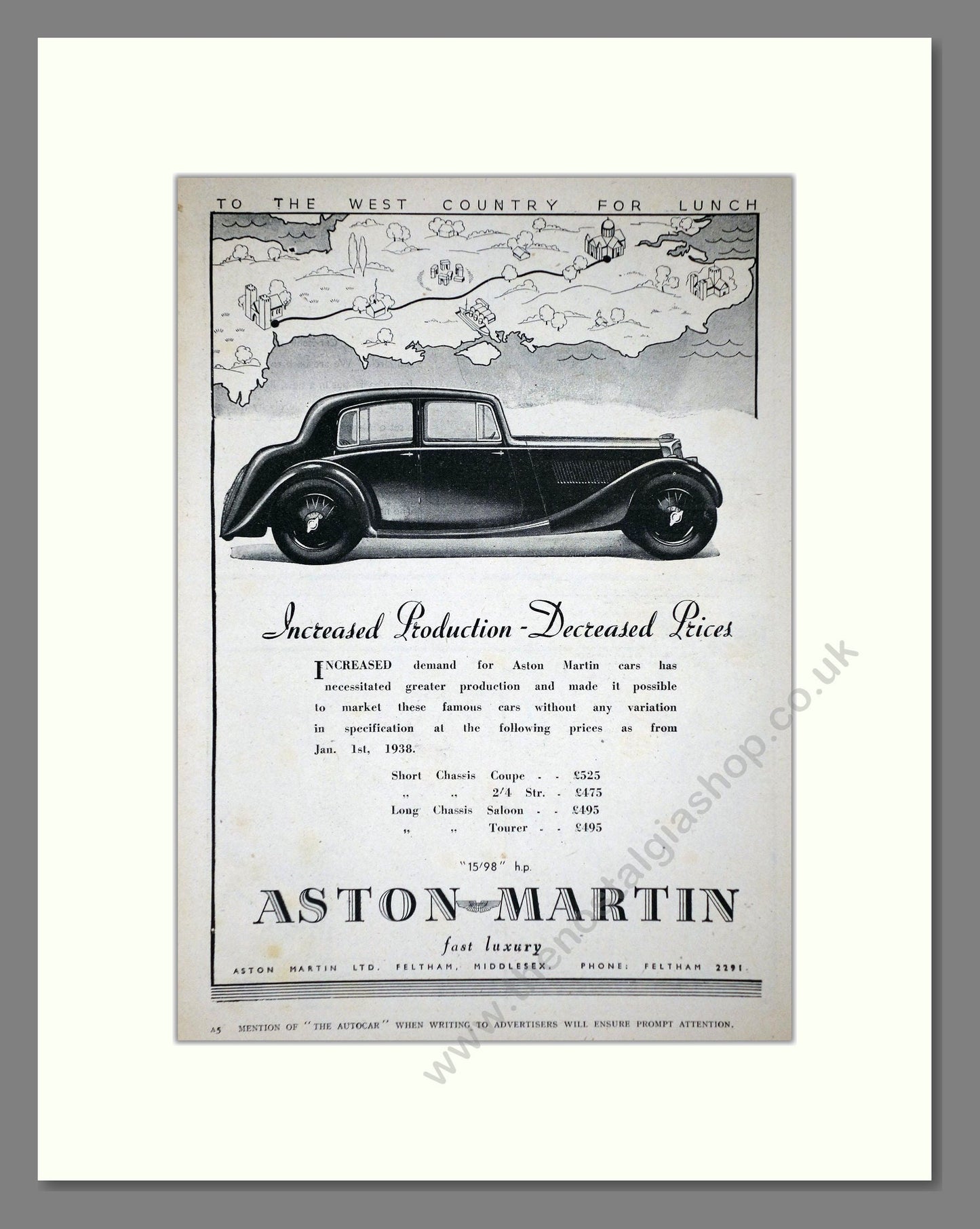 Aston Martin - 15/98 Increased Production. Vintage Advert 1938 (ref AD65237)