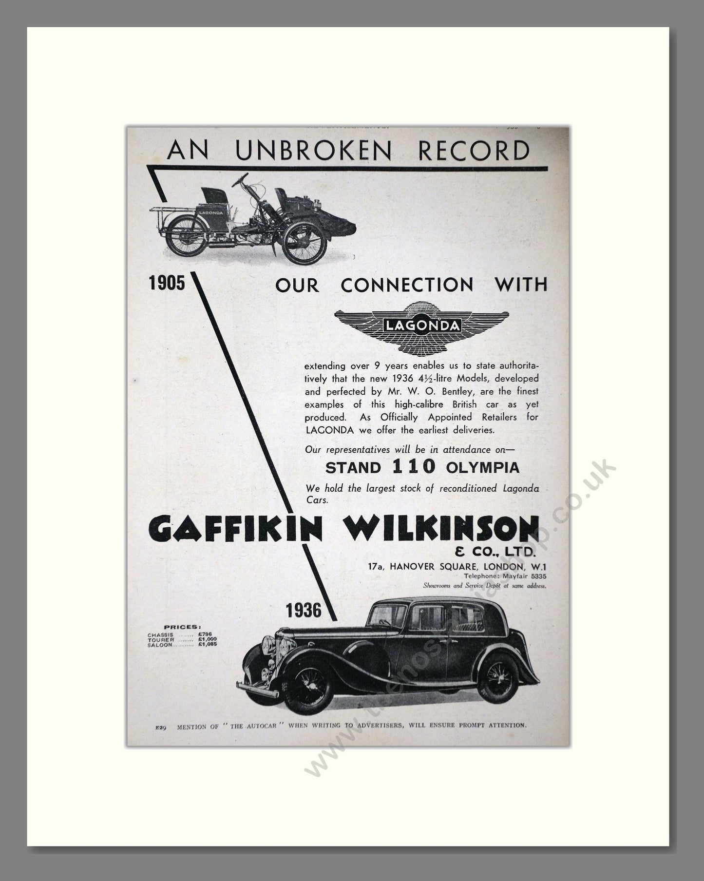 Lagonda - Gaffikin Wilkinson. Vintage Advert 1935 (ref AD65240)
