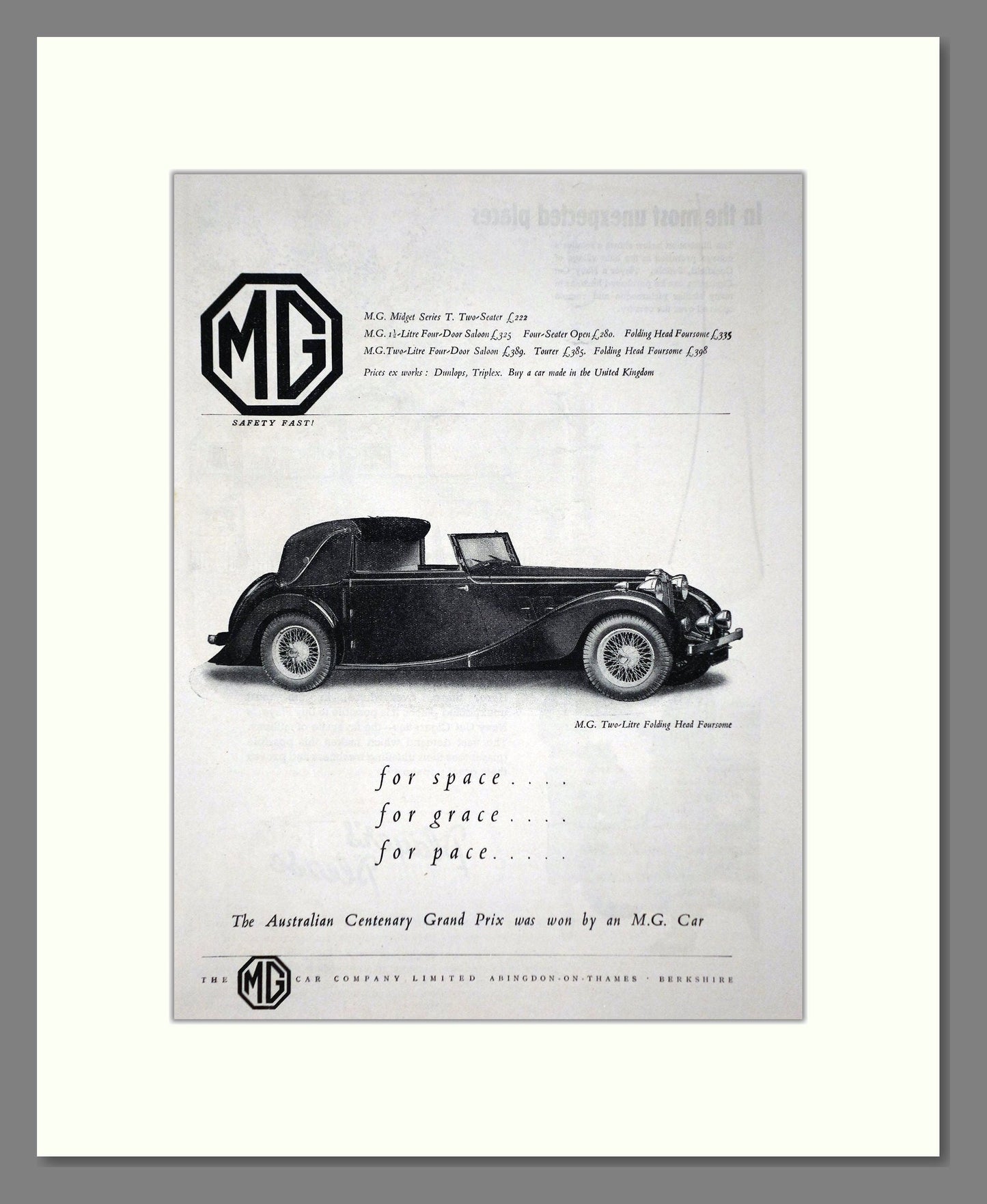 MG - Folding Head Foursome. Vintage Advert 1937 (ref AD65264)