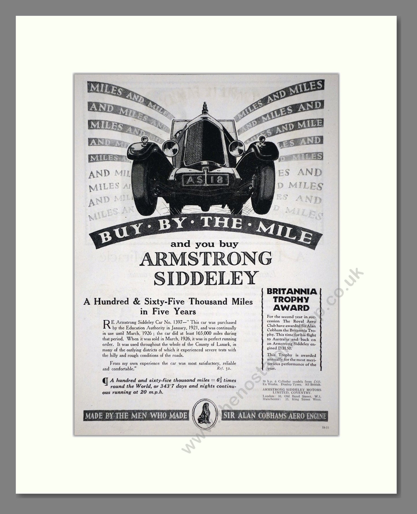 Armstrong Siddeley - Buy By The Mile. Vintage Advert 1927 (ref AD65285)