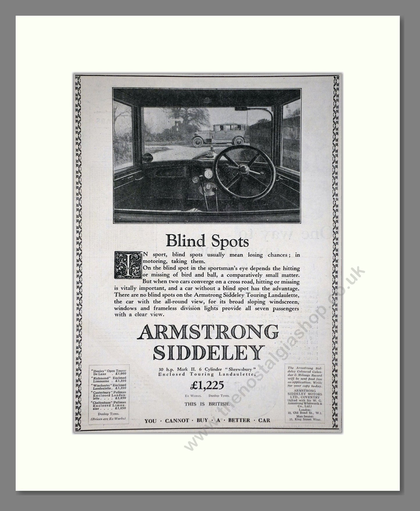 Armstrong Siddeley - Shrewsbury Tourer. Vintage Advert 1926 (ref AD65291)