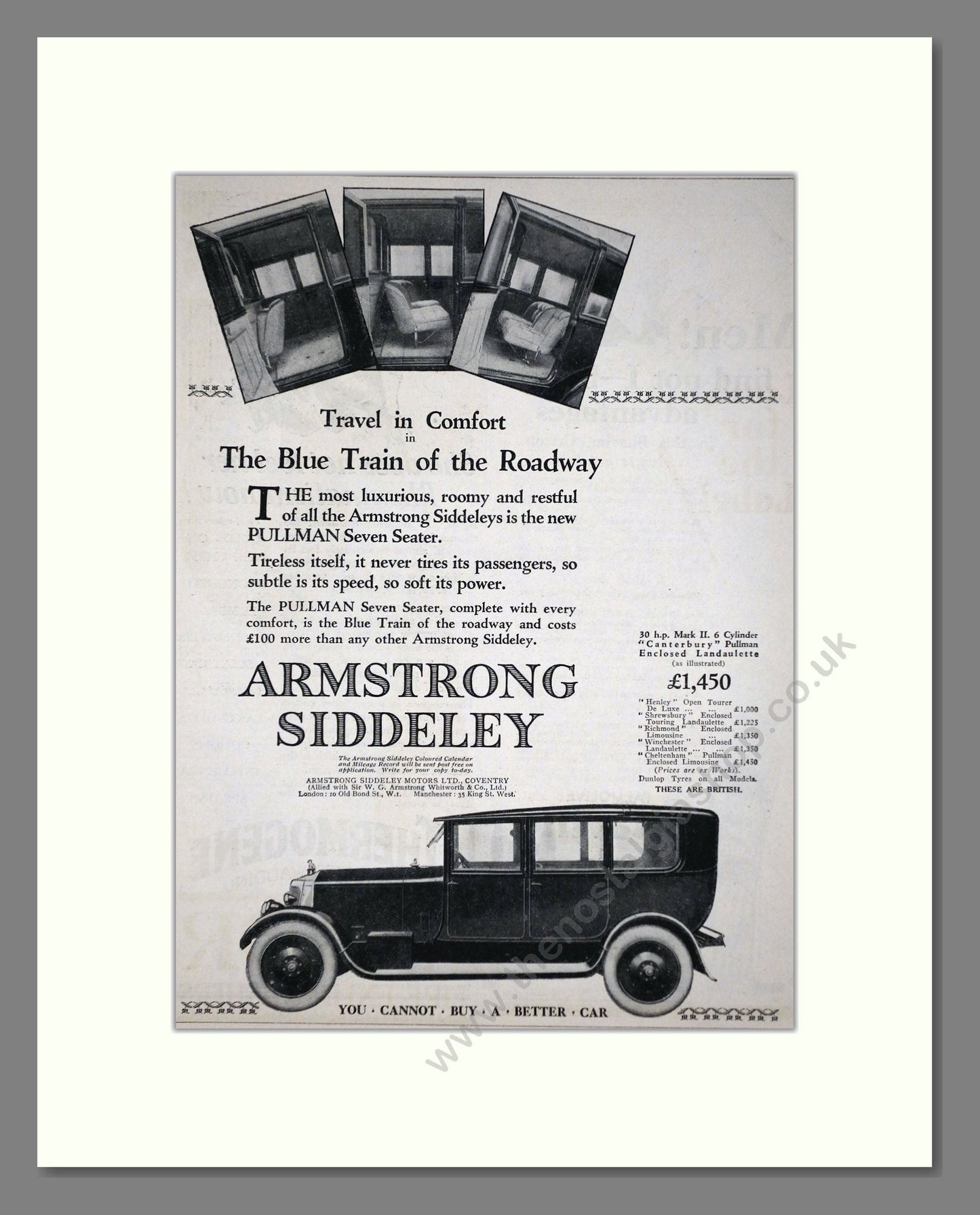 Armstrong Siddeley - Canterbury Pullman. Vintage Advert 1926 (ref AD65297)