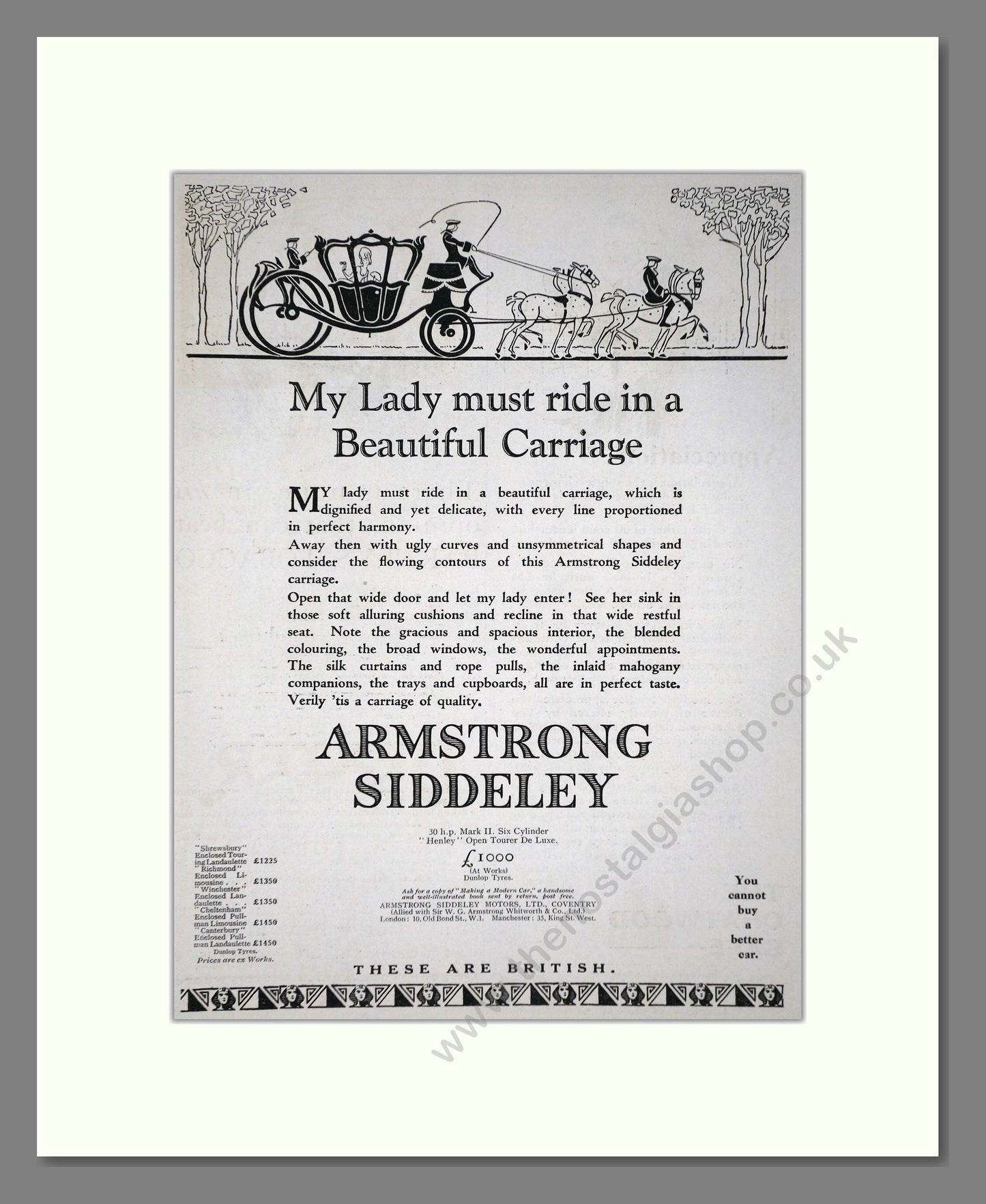 Armstrong Siddeley - Henley Open Tourer. Vintage Advert 1926 (ref AD65298)