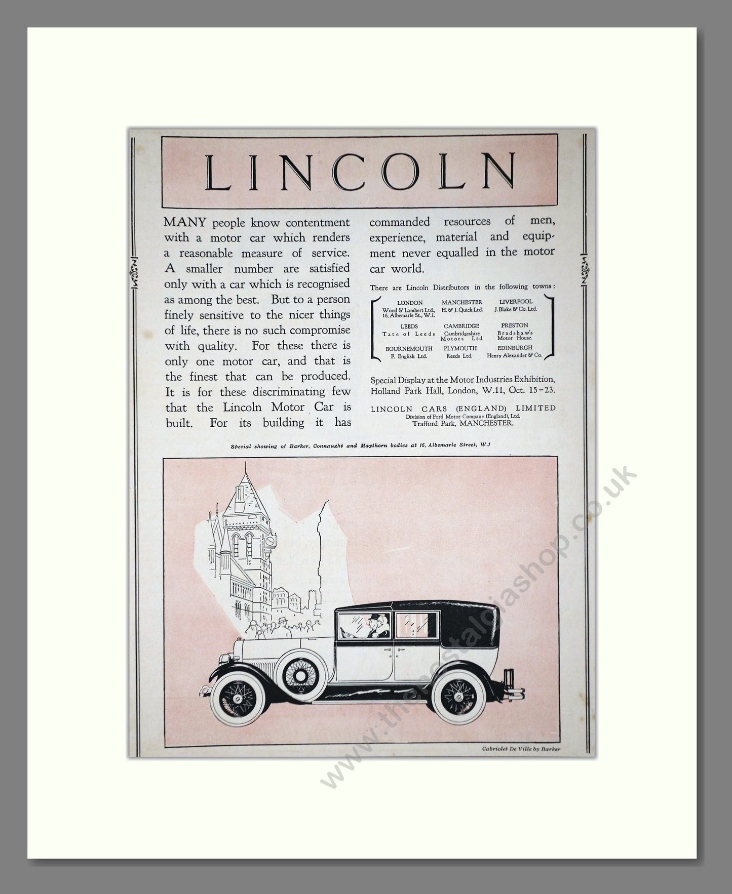 Lincoln - Cabriolet De Ville. Vintage Advert 1926 (ref AD65330)