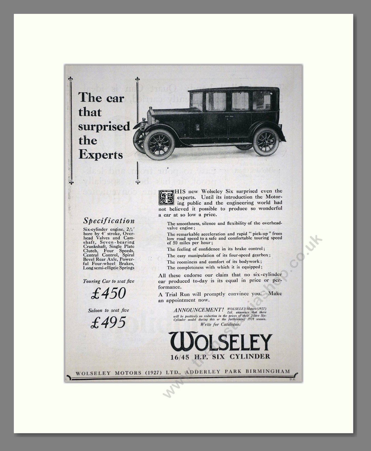 Wolseley - 16/45. Vintage Advert 1927 (ref AD65337)