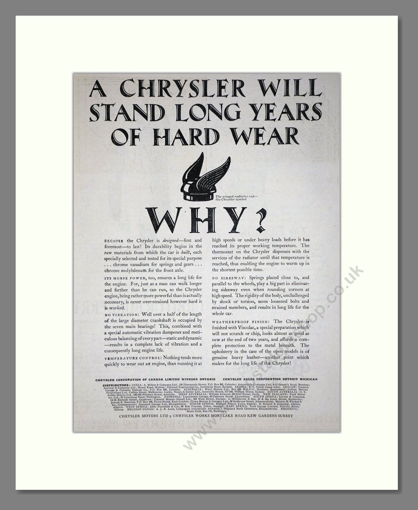 Chrysler - Long Years Of Hard Wear. Vintage Advert 1926 (ref AD65362)