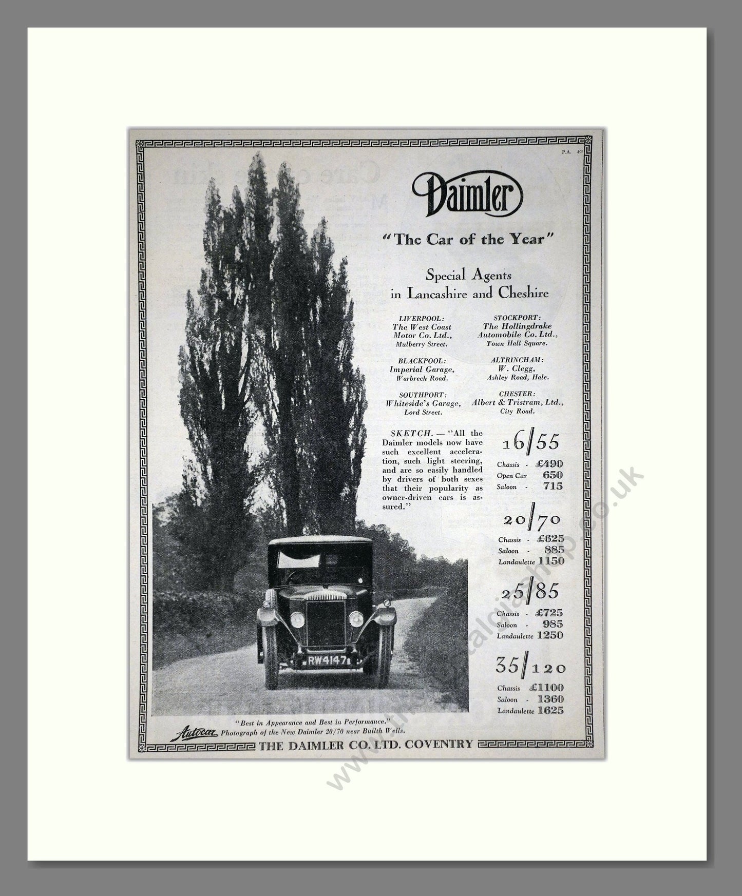 Daimler - Car Of The Year (16/55, 20/70, 25/85, 35/120). Vintage Advert 1926 (ref AD65381)