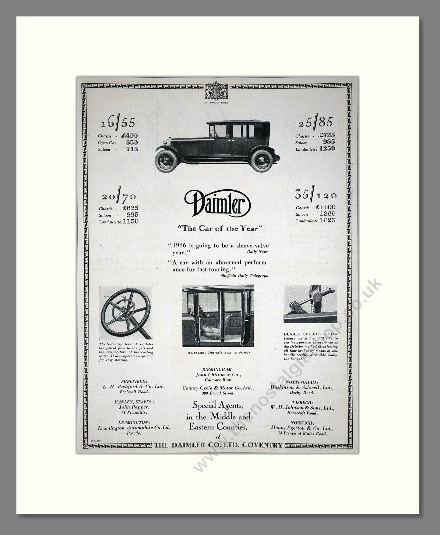 Daimler - Car Of The Year (16/55, 20/70, 25/85, 35/120). Vintage Advert 1926 (ref AD65395)