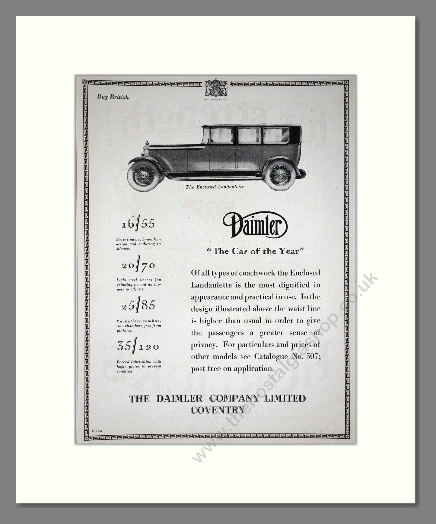 Daimler - Car Of The Year (16/55, 20/70, 25/85, 35/120). Vintage Advert 1927 (ref AD65399)