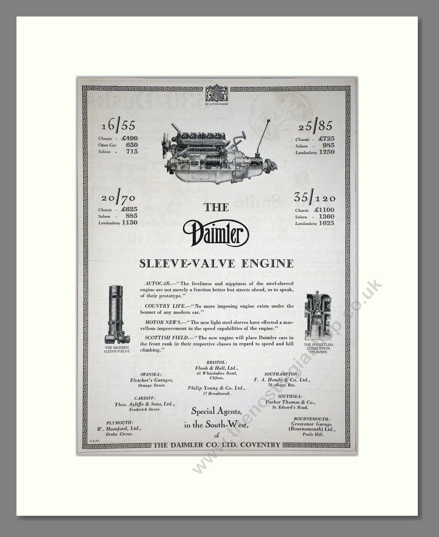 Daimler - Sleeve Valve Engine (16/55, 20/70, 25/85, 35/120). Vintage Advert 1926 (ref AD65400)