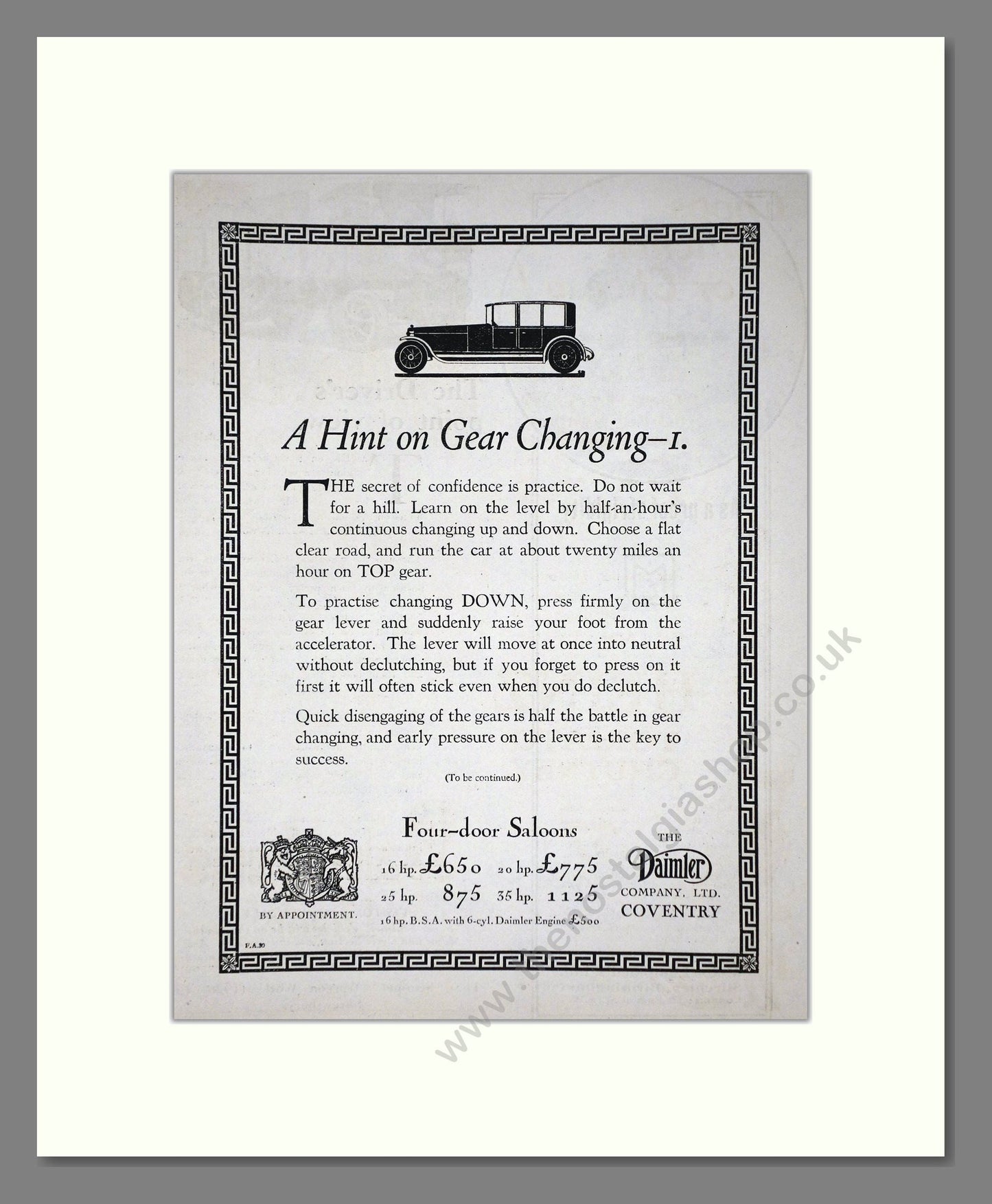 Daimler - Hint On Gear Changing I. Vintage Advert 1924 (ref AD65402)