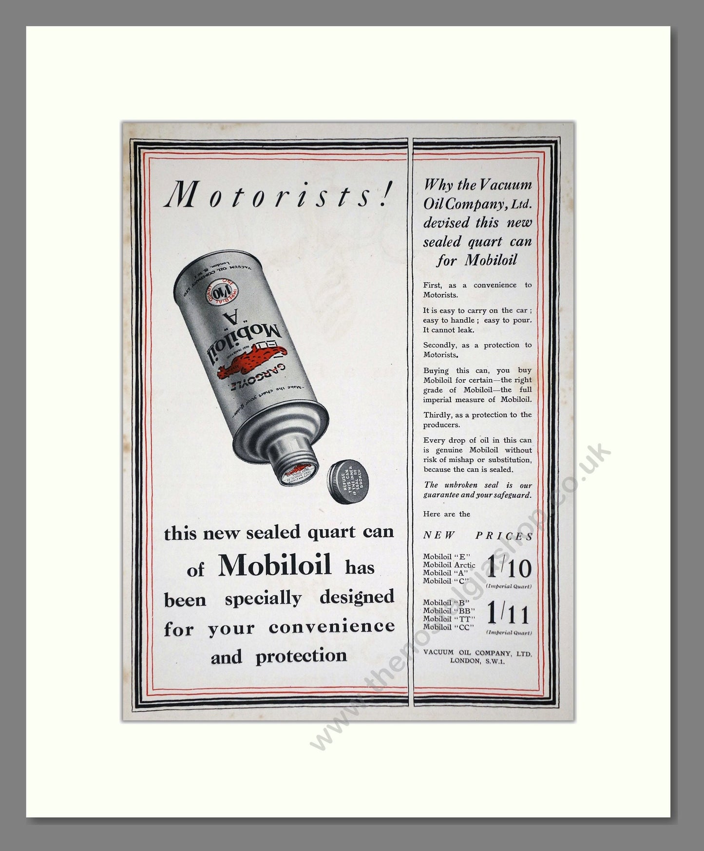Mobiloil - Motor Oil Sealed Can. Vintage Advert 1926 (ref AD65588)