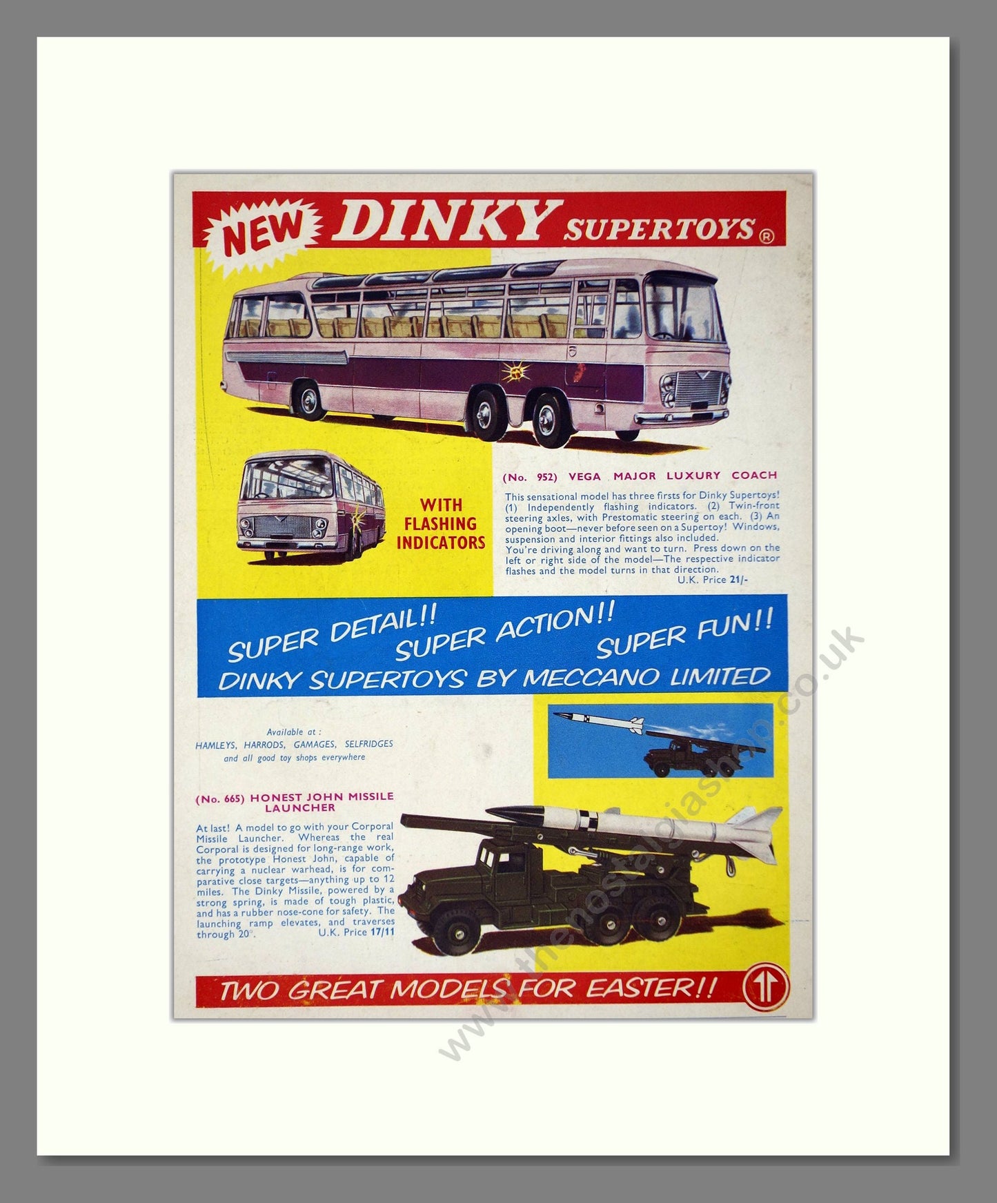 Dinky Toys - Vega Major Coach / Hones John Missile Launcher. Vintage Advert 1964 (ref AD65704)