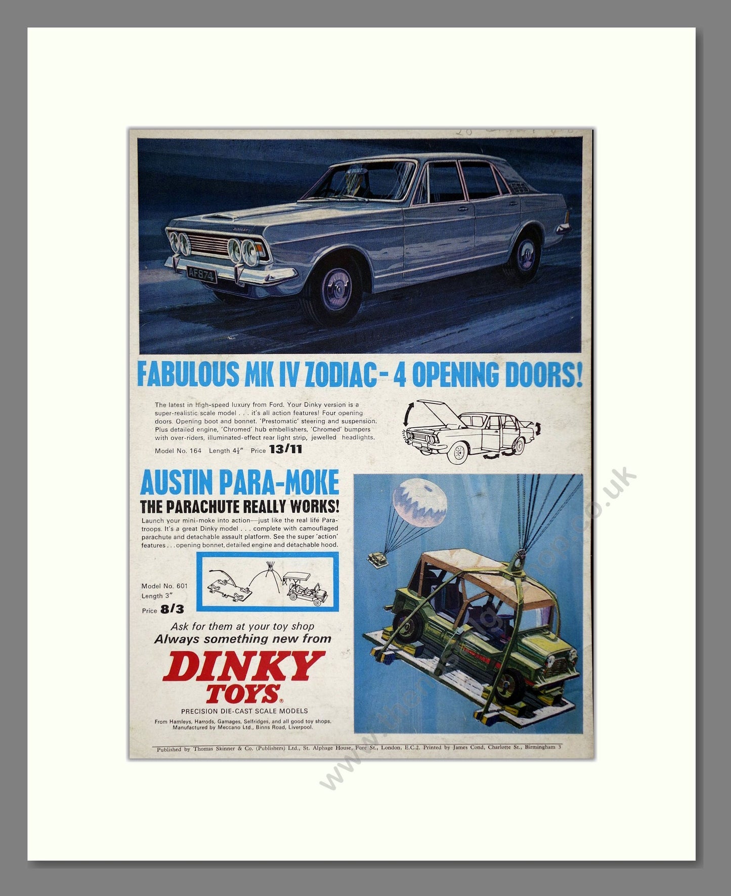 Dinky Toys - Ford Zodiac / Ausin Para-Moke. Vintage Advert 1966 (ref AD65707)