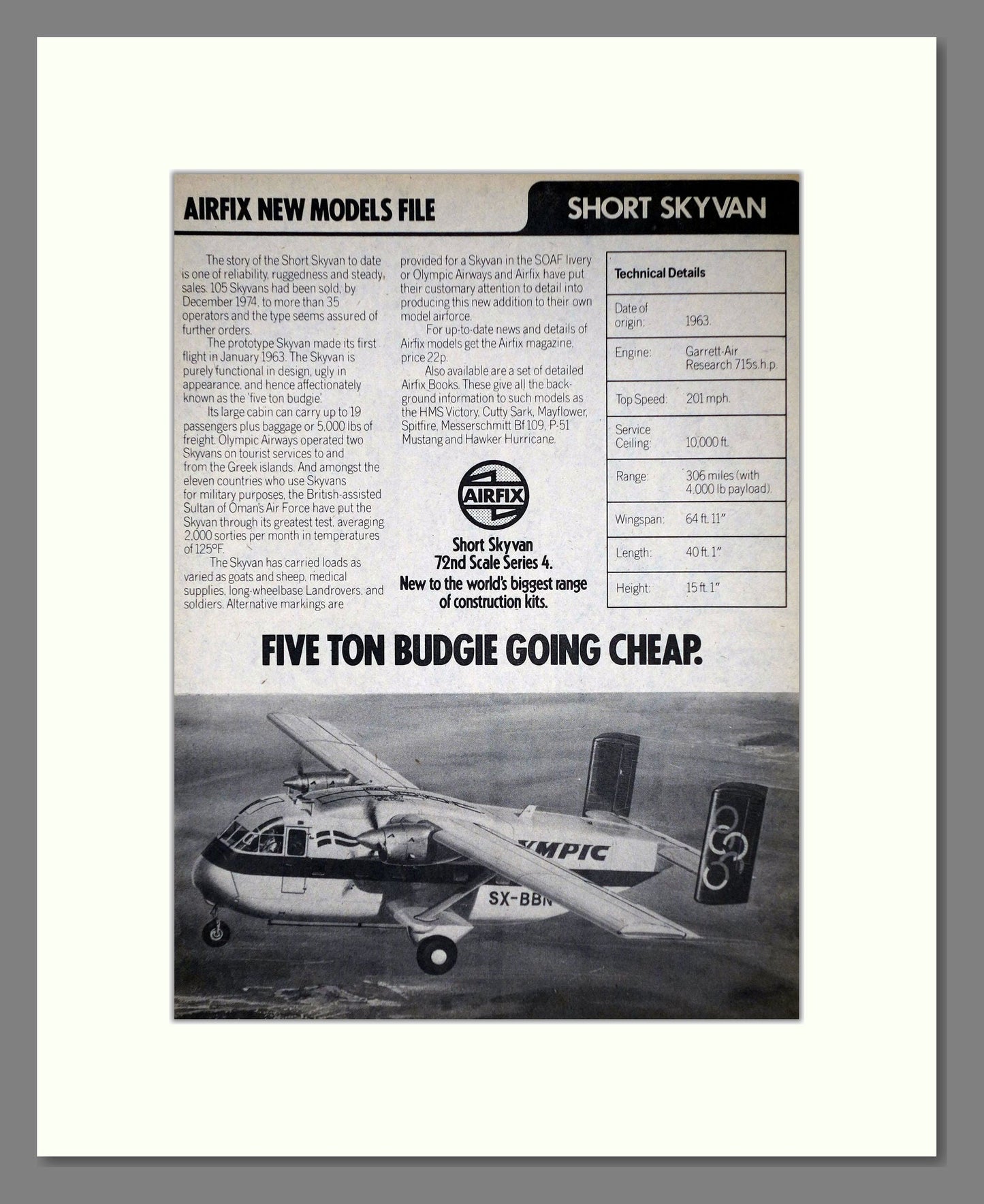 Airfix - Short Skyvan. Vintage Advert 1975 (ref AD65856)