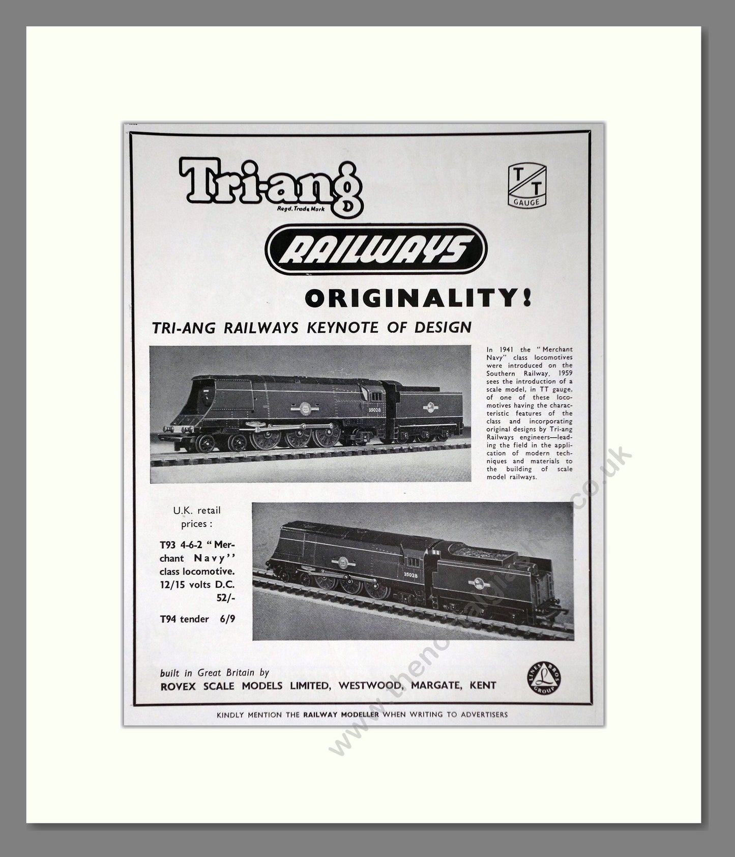Tri-ang - Model Railways Originality. Vintage Advert 1959 (ref AD65897)