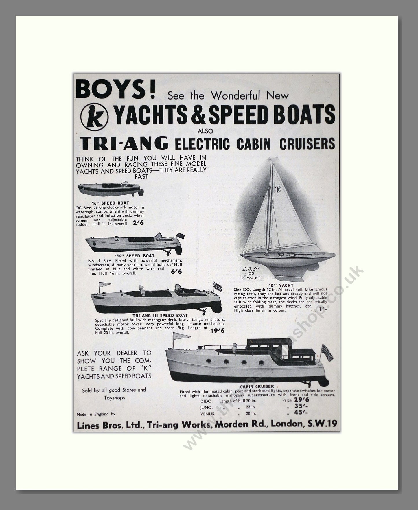 Tri-ang - Model Boats. Vintage Advert 1935 (ref AD65906)