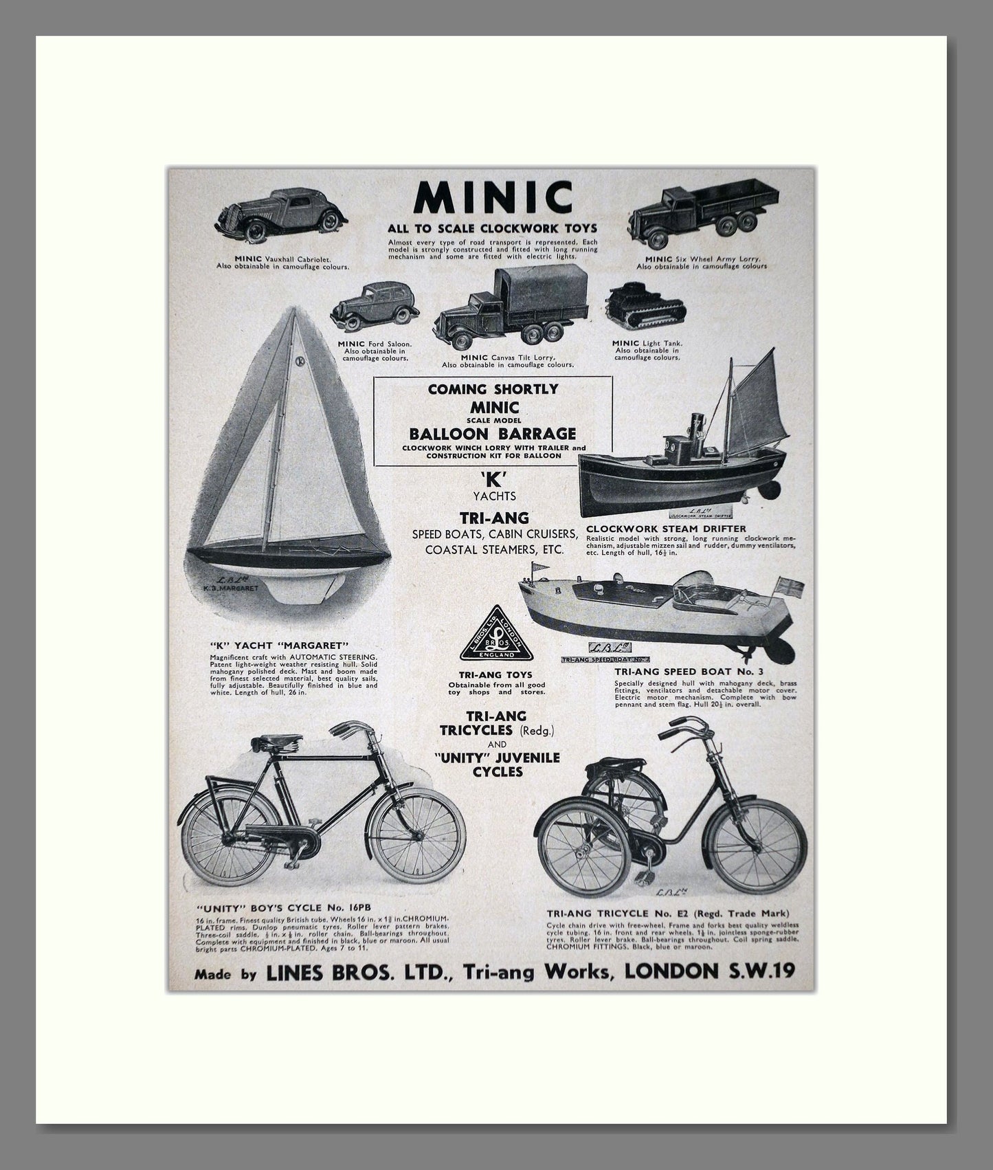 Tri-ang - Minic Clockwork Toys. Vintage Advert 1940 (ref AD65911)