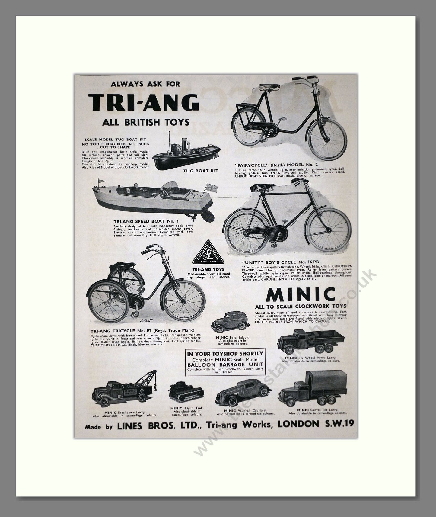 Tri-ang - Toy Cars And Bikes. Vintage Advert 1940 (ref AD65917)