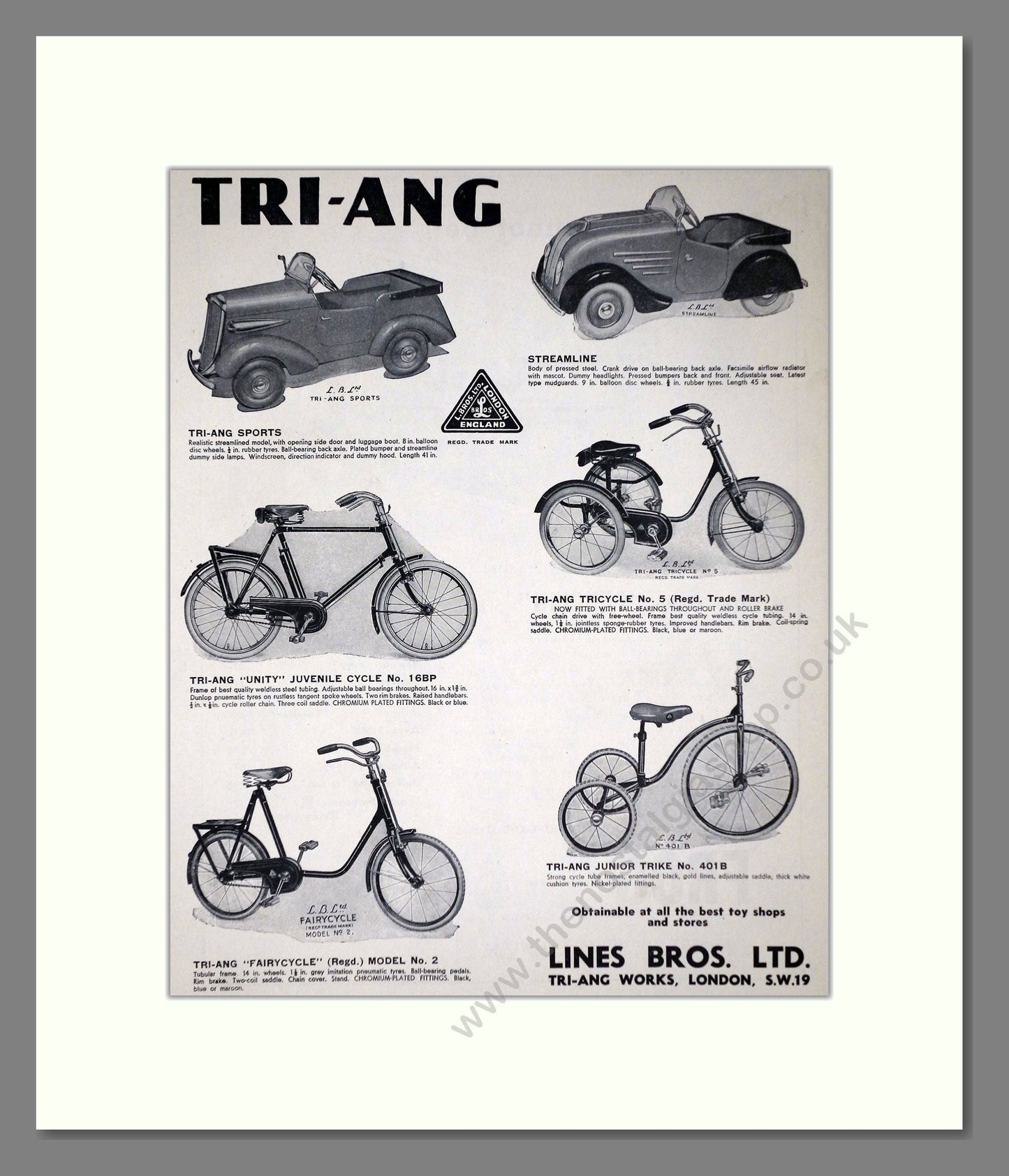 Tri-ang - Toy Cars And Bikes. Vintage Advert 1937 (ref AD65921)