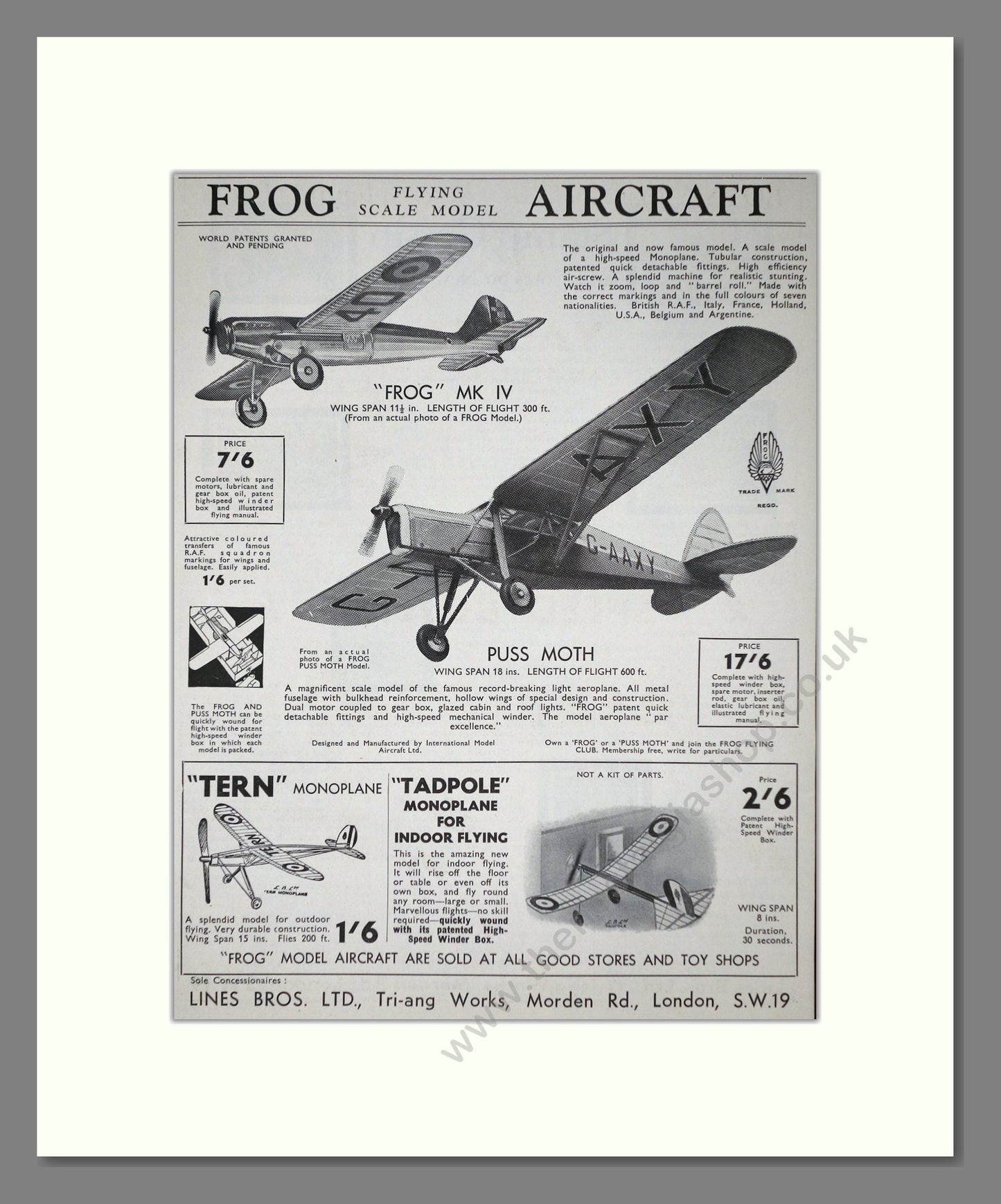 Frog Model Aircraft - Flying Scale Models. Vintage Advert 1934 (ref AD65981)