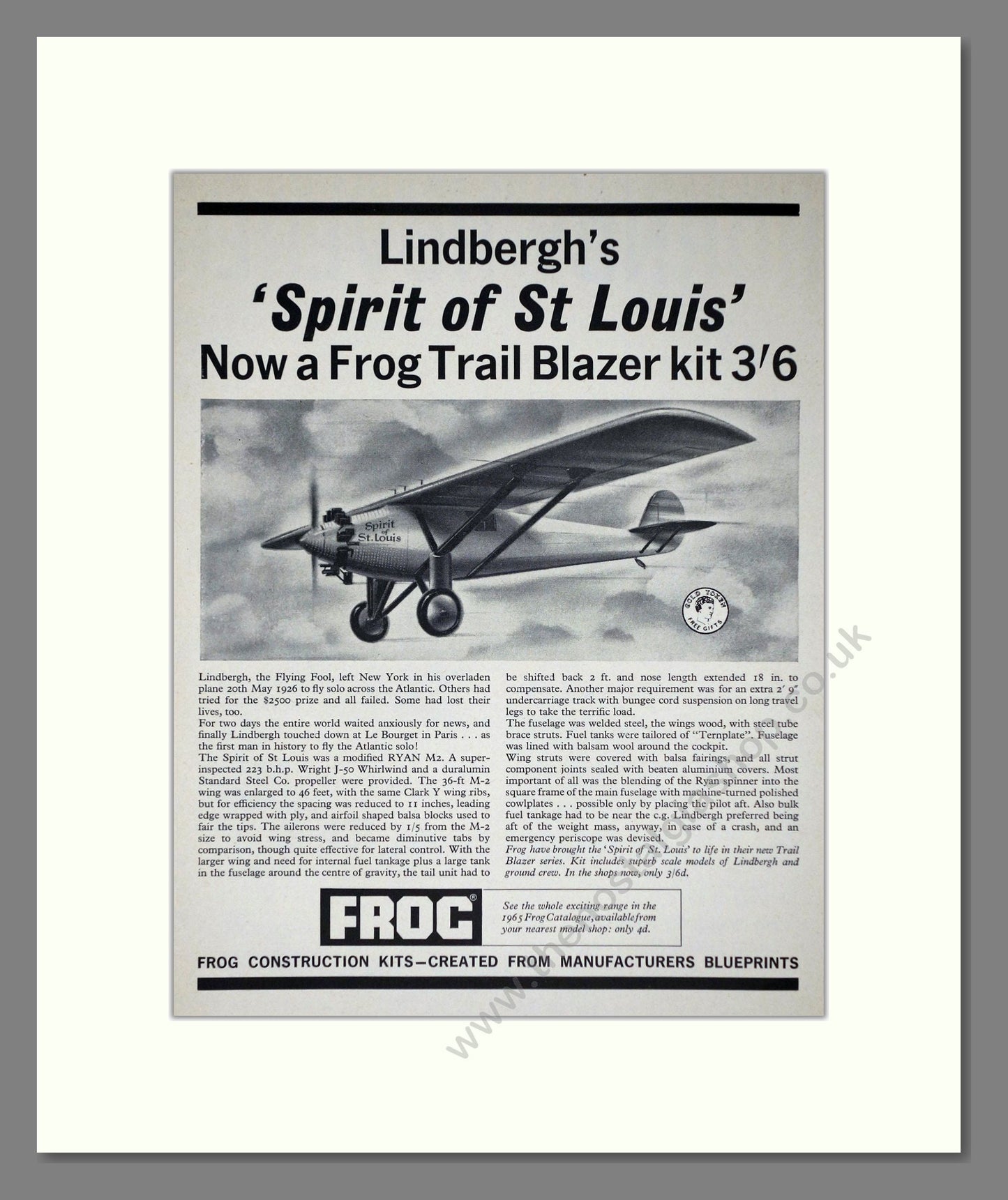 Frog Model Aircraft - Spirit Of St Louis. Vintage Advert 1965 (ref AD65988)