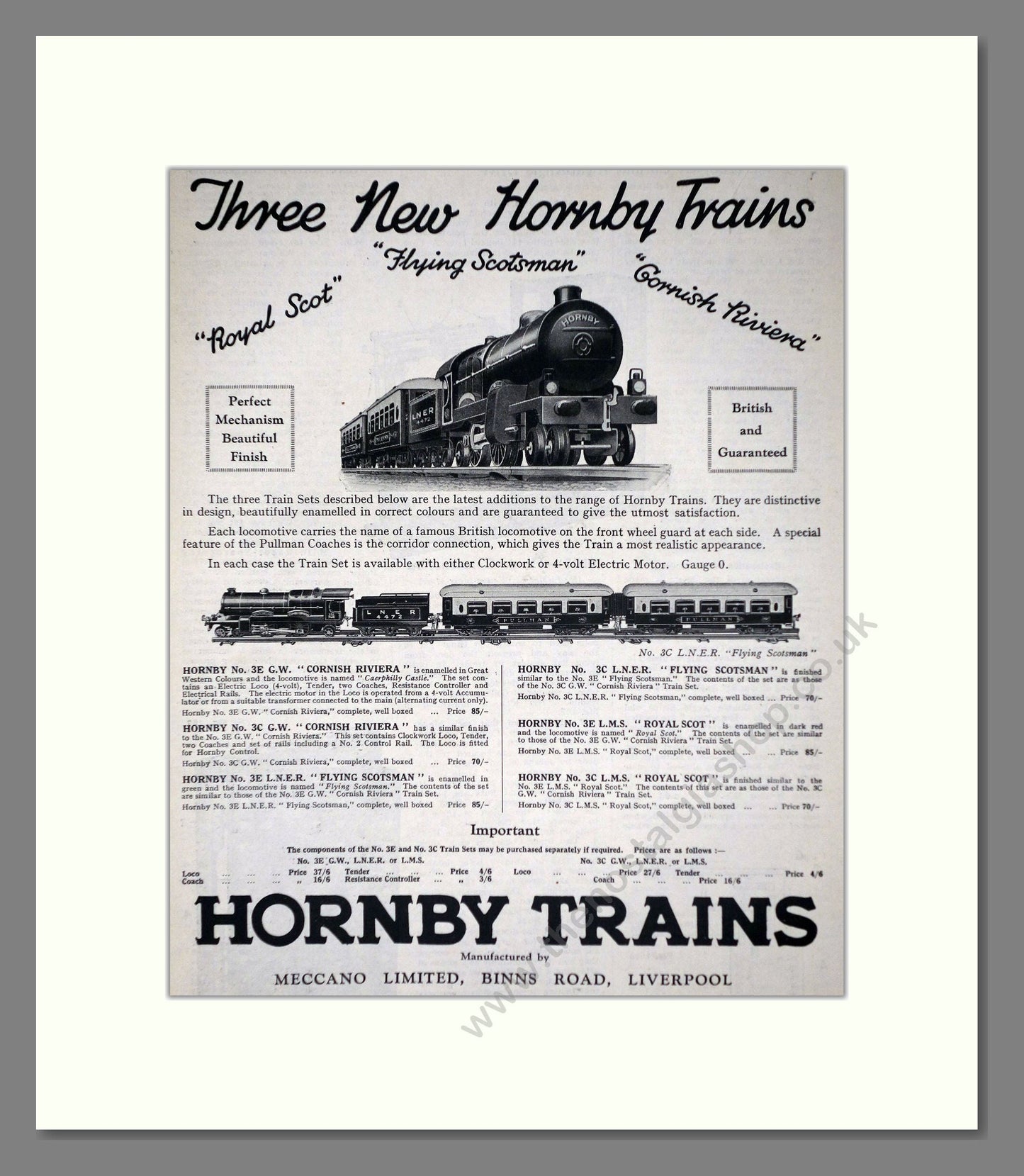 Hornby - 3 New Trains Flying Scotsman. Vintage Advert 1927 (ref AD65734)