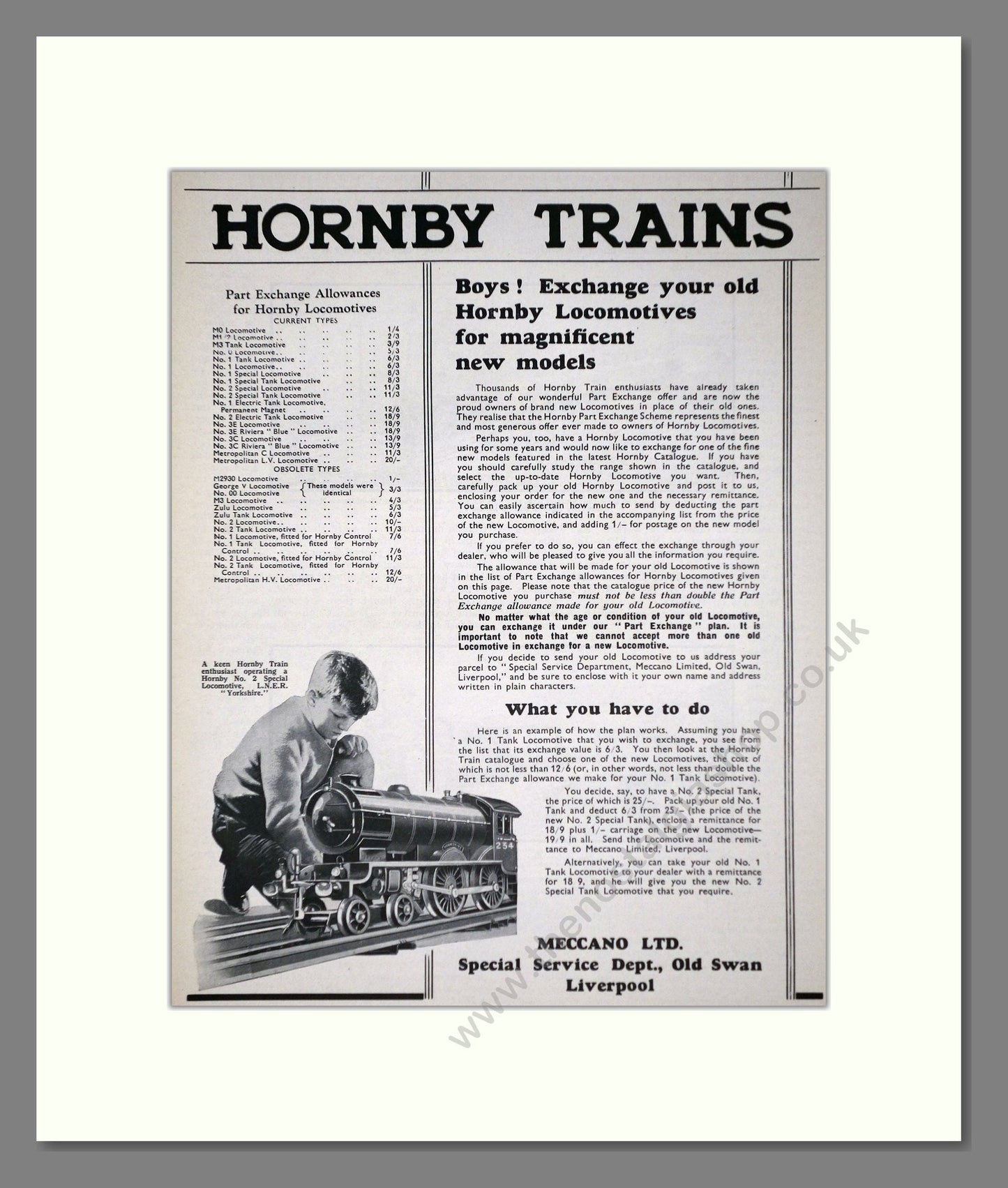 Hornby - Trains Part Exchange Offer. Vintage Advert 1933 (ref AD65736)