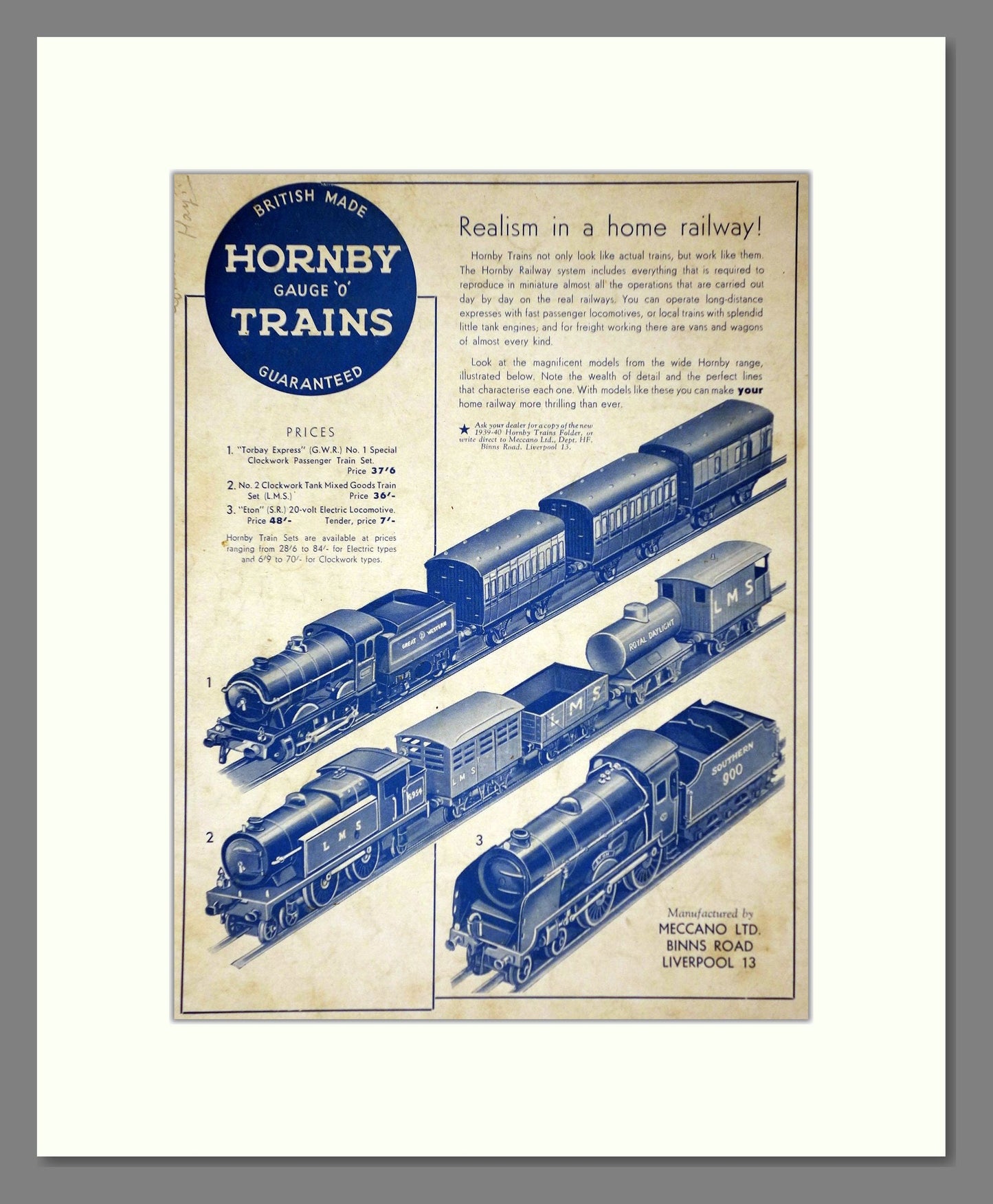 Hornby - Gauge O Trains. Vintage Advert 1940 (ref AD65760)