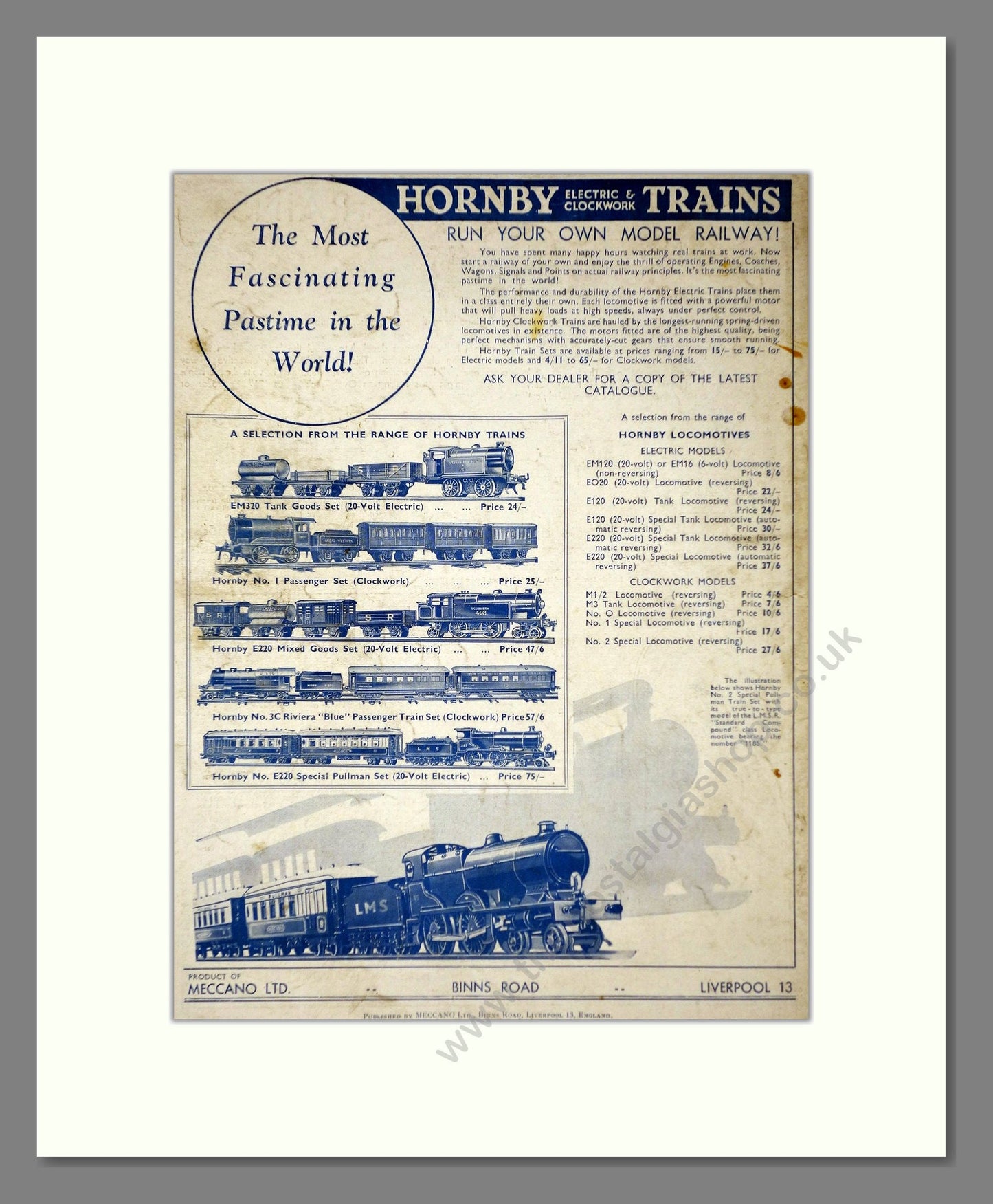 Hornby - Electric And Clockwork Trains. Vintage Advert 1937 (ref AD65762)