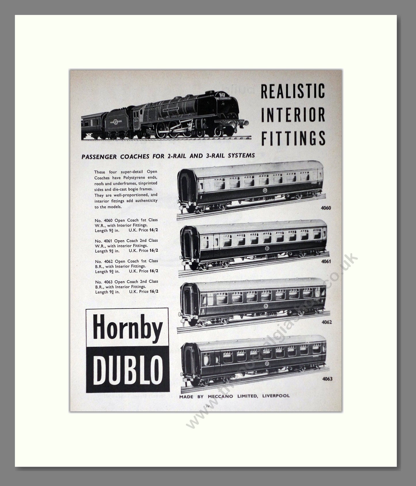 Hornby - Dublo Passenger Coaches. Vintage Advert 1962 (ref AD65819)