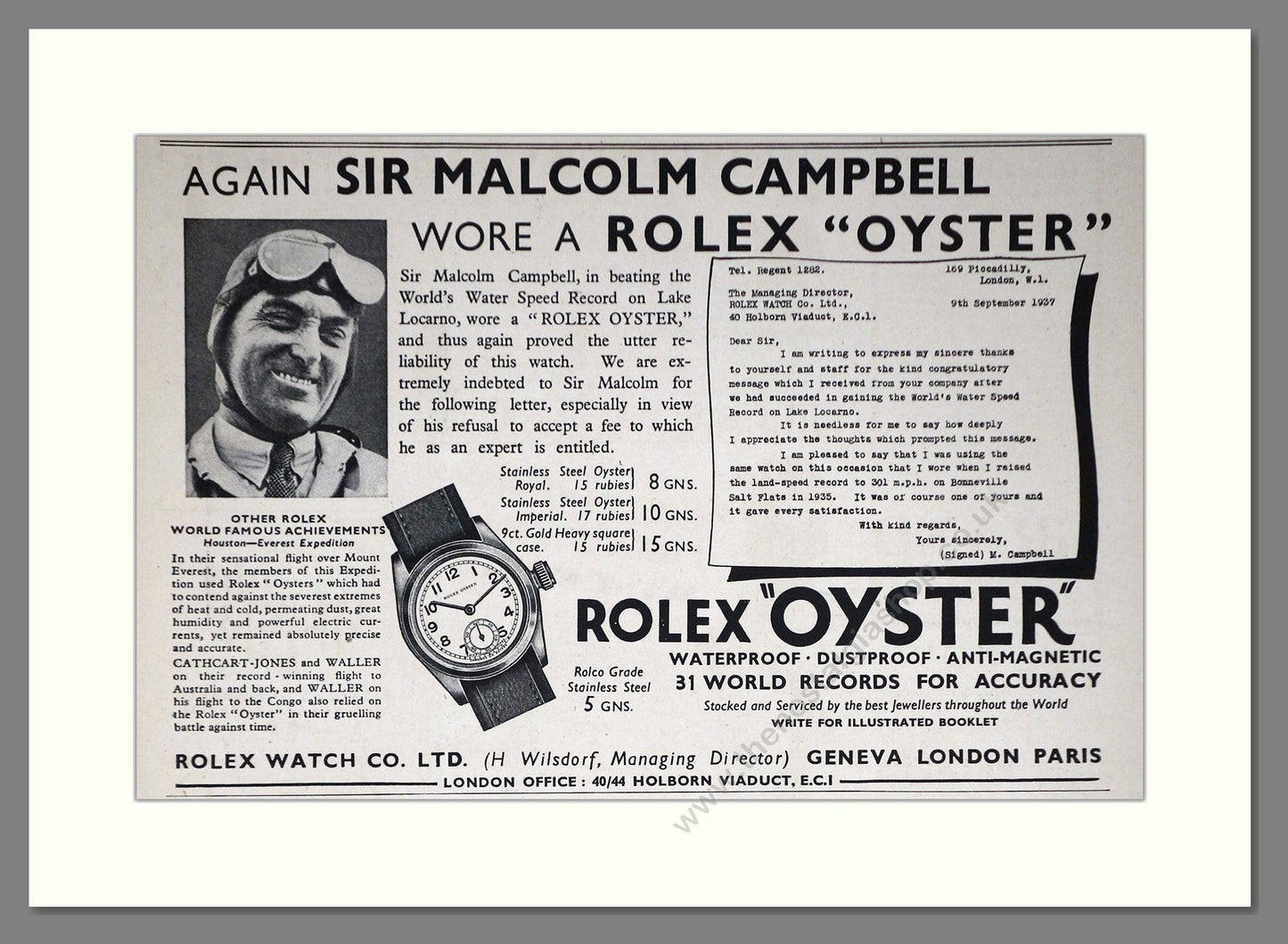 Rolex - Oyster. Vintage Advert 1937 (ref AD66463)
