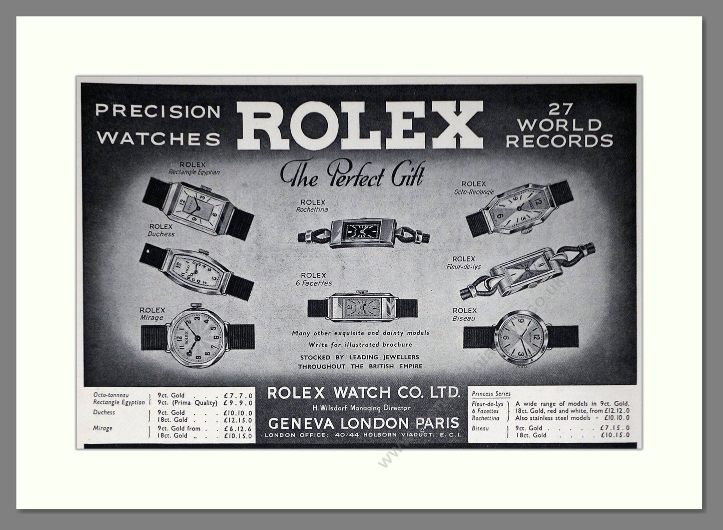 Rolex - Duchess / Mirage / Rochettina / Biseau. Vintage Advert 1934 (ref AD66465)